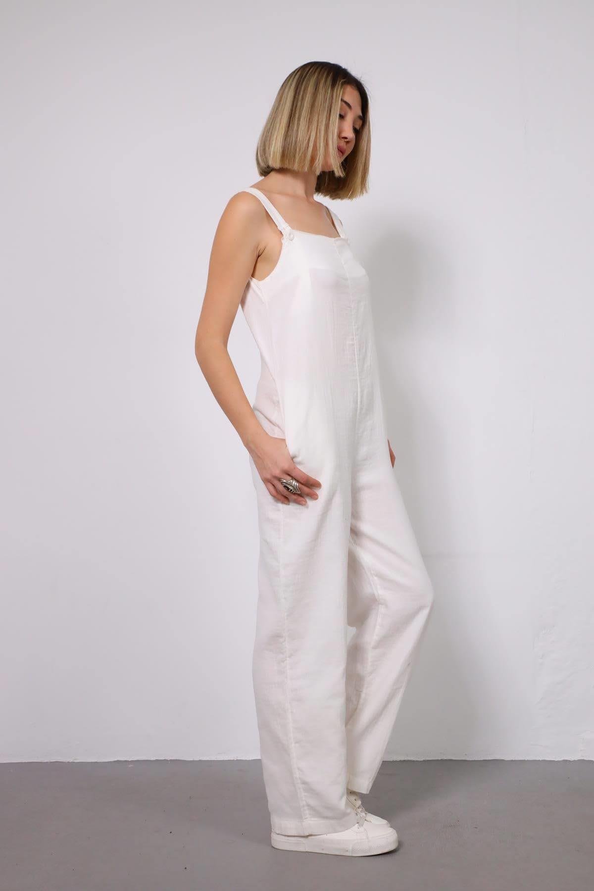 Beyaz Kalın Askılı Keten Tulum - Şaman Butik - Bohem Giyim ve Aksesuar | Kadın & Erkek Beyaz Kalın Askılı Keten Tulum