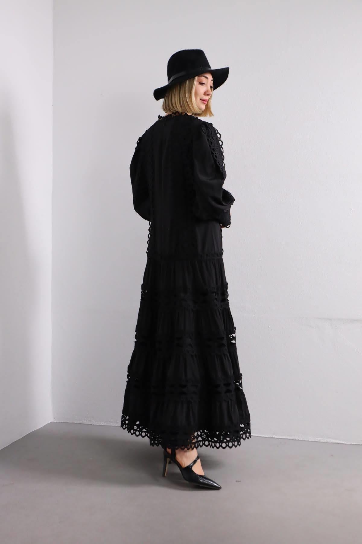 Siyah Güpürlü Uzun Bohem Elbise - Şaman Butik Siyah Güpürlü Uzun Bohem Elbise