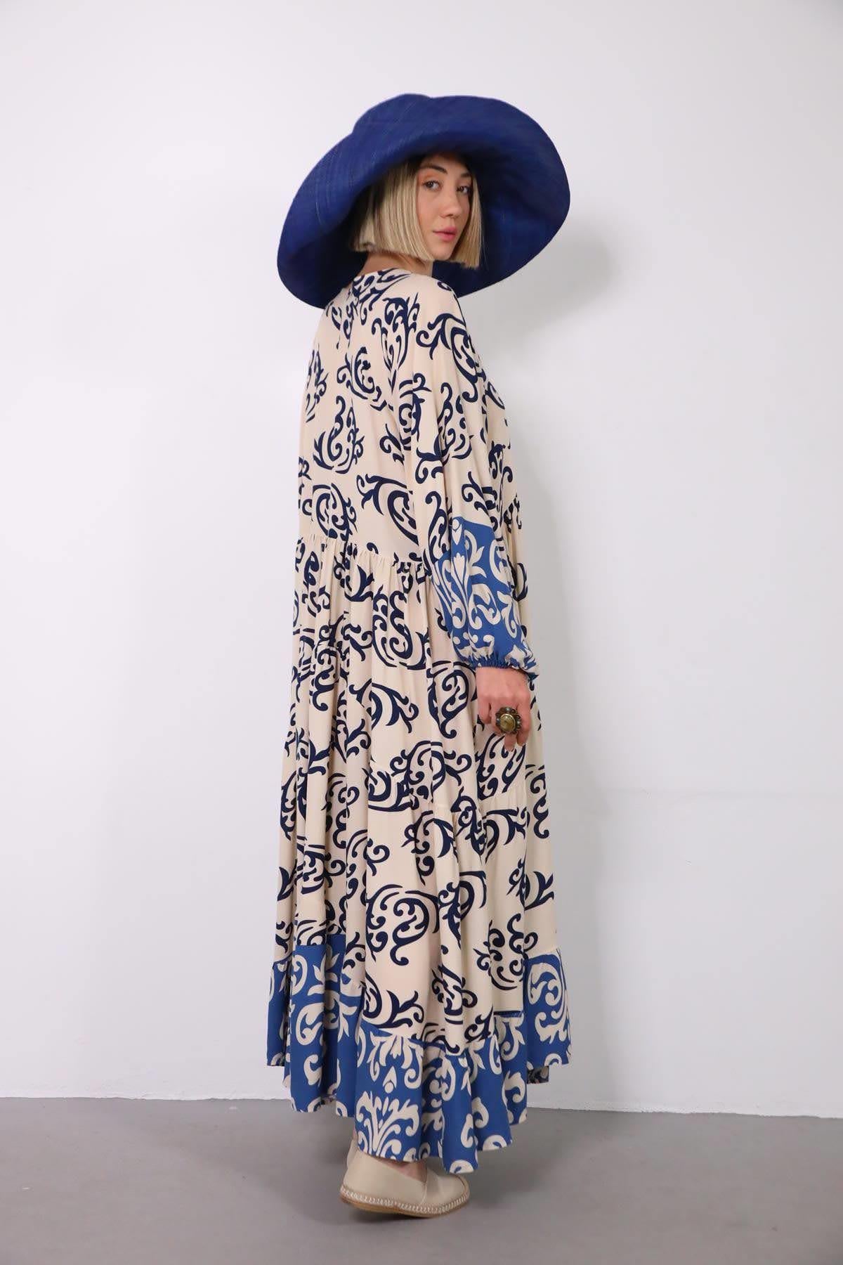 Krem Rengi V Yaka Kolları Lastikli Desenli Elbise - Şaman Butik Krem Rengi V Yaka Kolları Lastikli Desenli Elbise