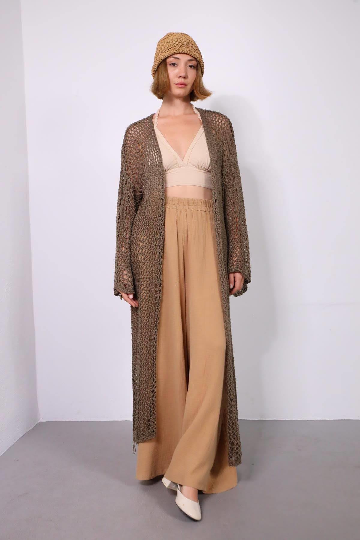 Haki Uzun Lase Triko Hırka - Şaman Butik Haki Uzun Lase Triko Hırka