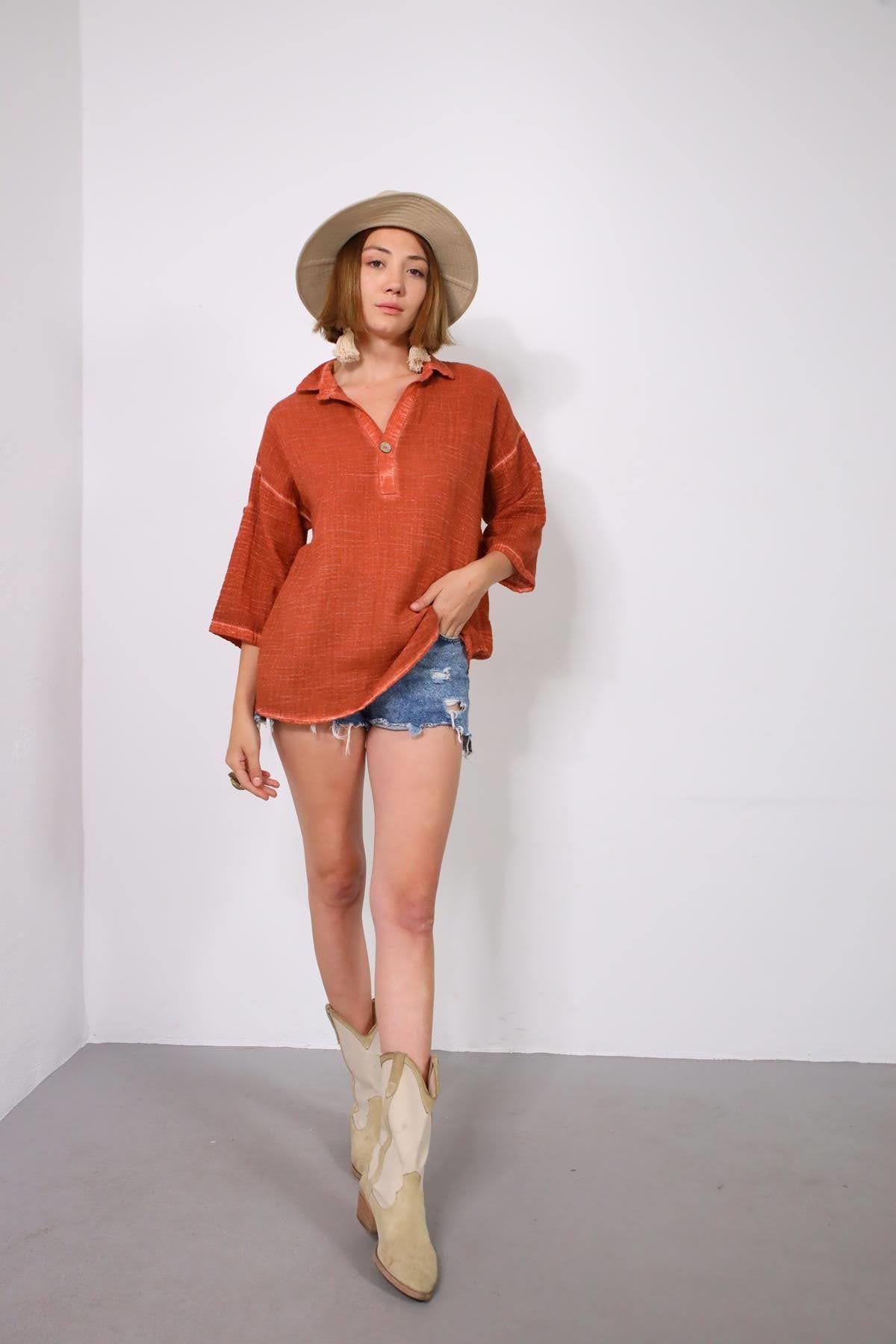  Kiremit Rengi Yağ Yıkama Müslin Tek Düğmeli Gömlek