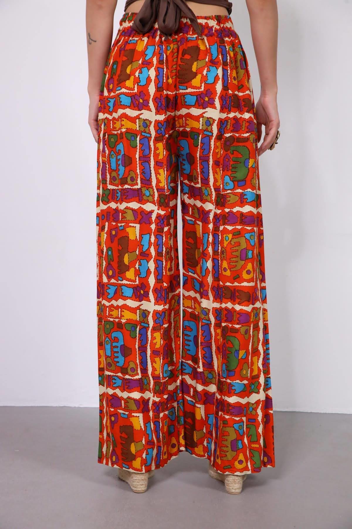 Turuncu Desenli Beli Lastikli Rahat Pantolon - Şaman Butik Turuncu Desenli Beli Lastikli Rahat Pantolon