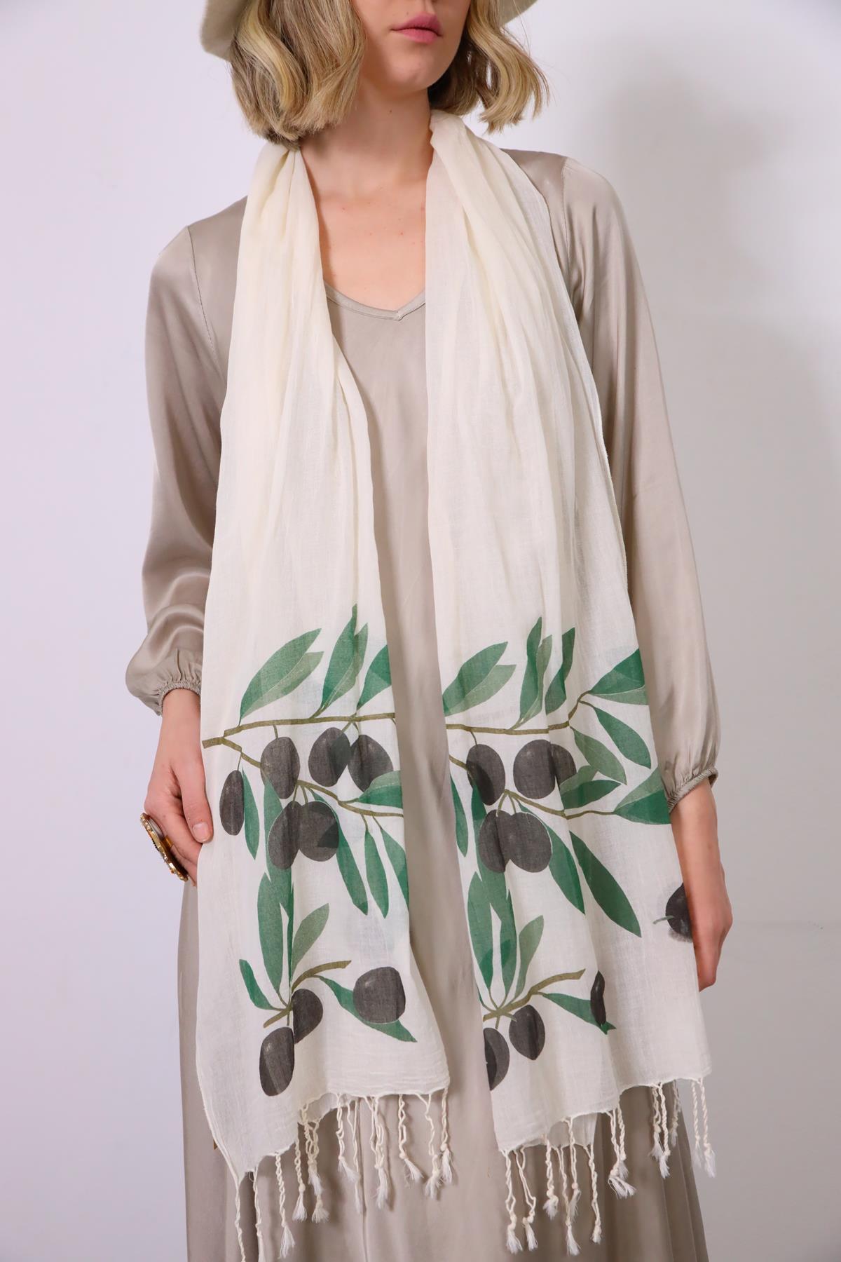 Ekru Zeytin Baskılı Fular - Şaman Butik Ekru Zeytin Baskılı Fular