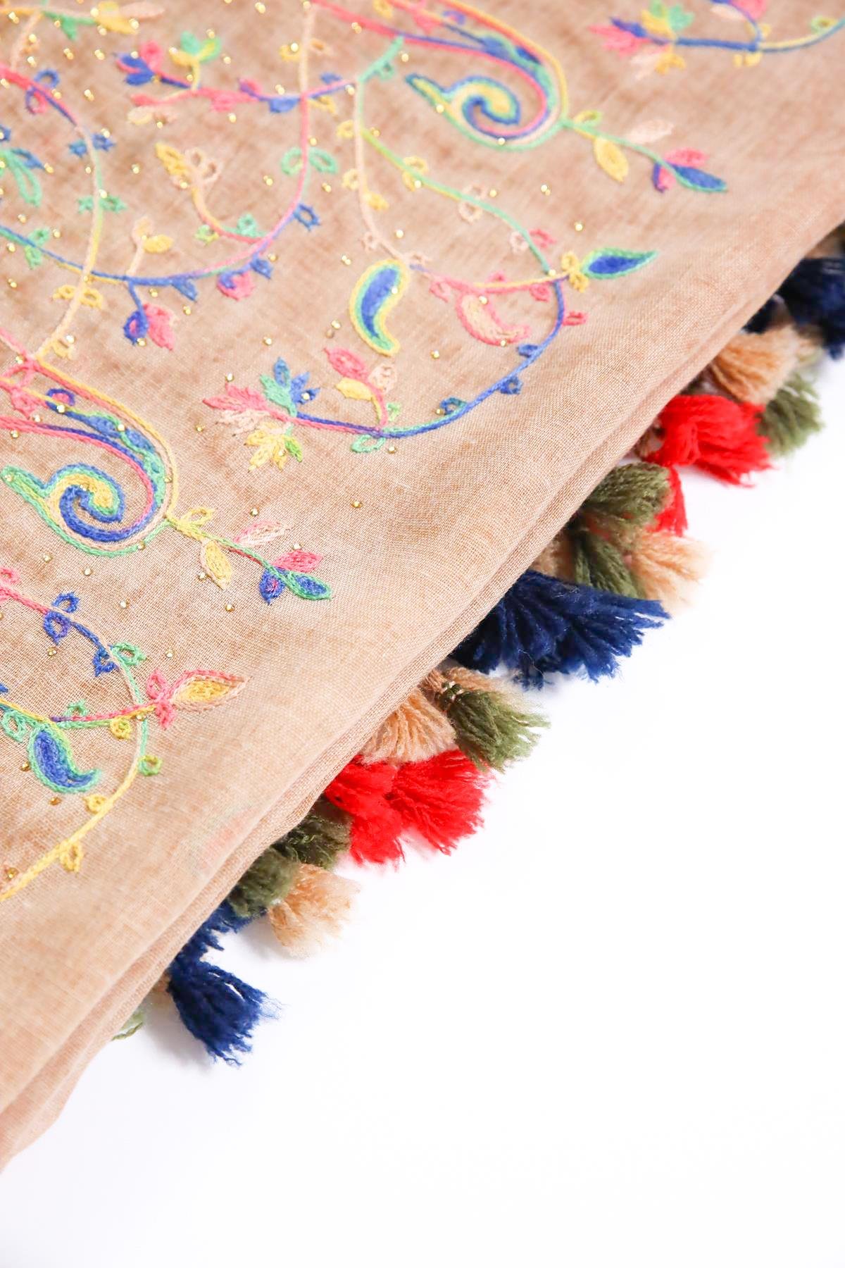 Camel Rengi İşlemeli Boncuklu Şal - Şaman Butik Camel Rengi İşlemeli Boncuklu Şal