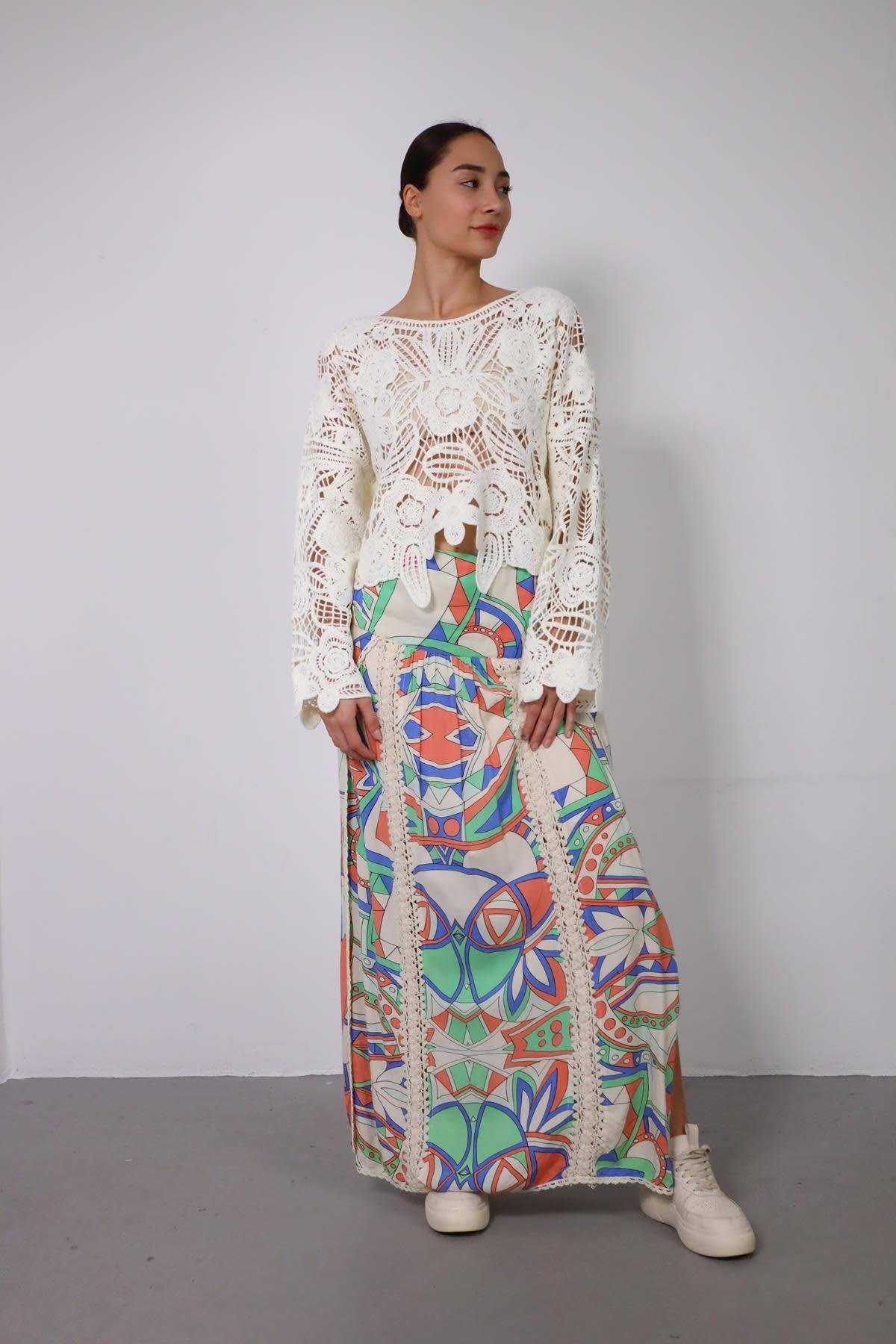 Beige Colorful Patterned Stitch Detailed Skirt - Şaman Butik | Shop Online Beige Colorful Patterned Stitch Detailed Skirt