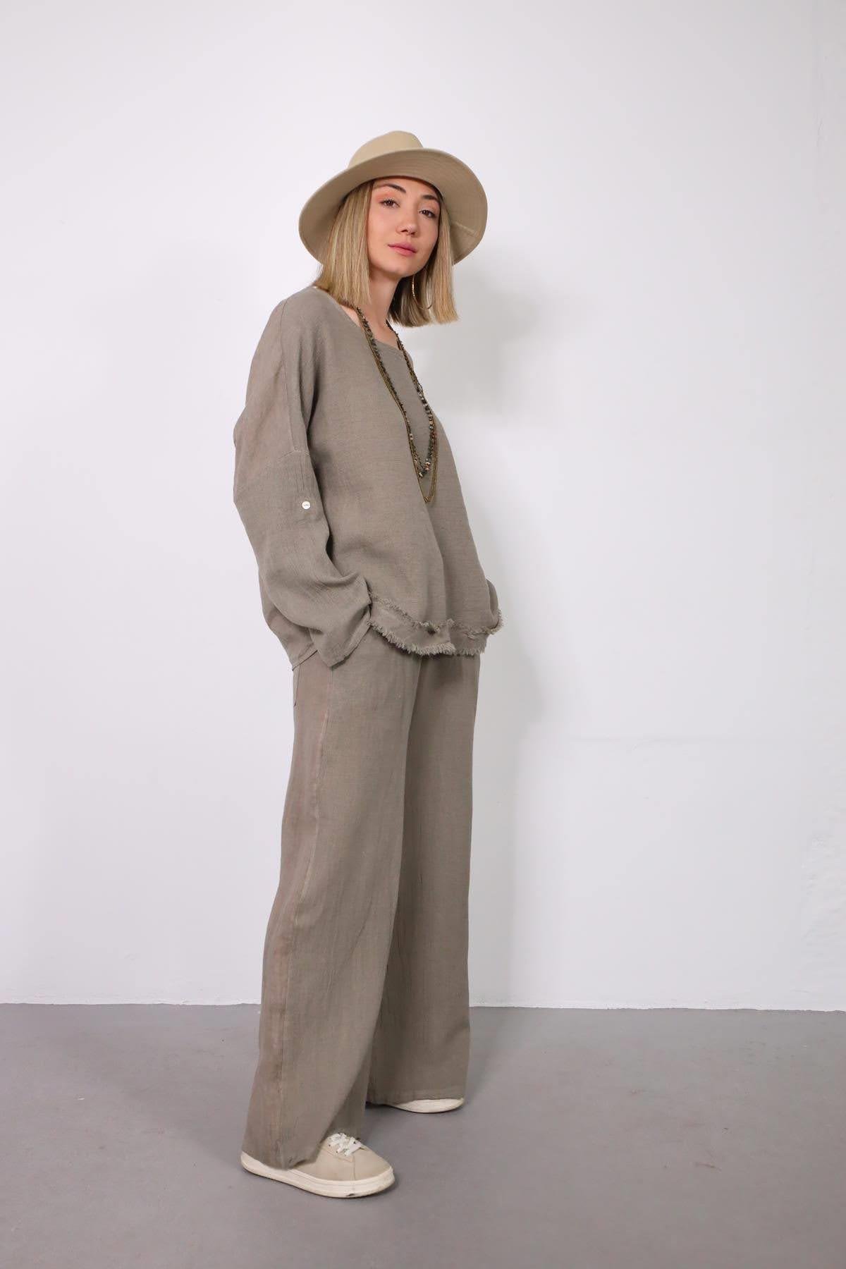  Vizon Rengi Püsküllü Örme Pamuk Detaylı Keten Takım