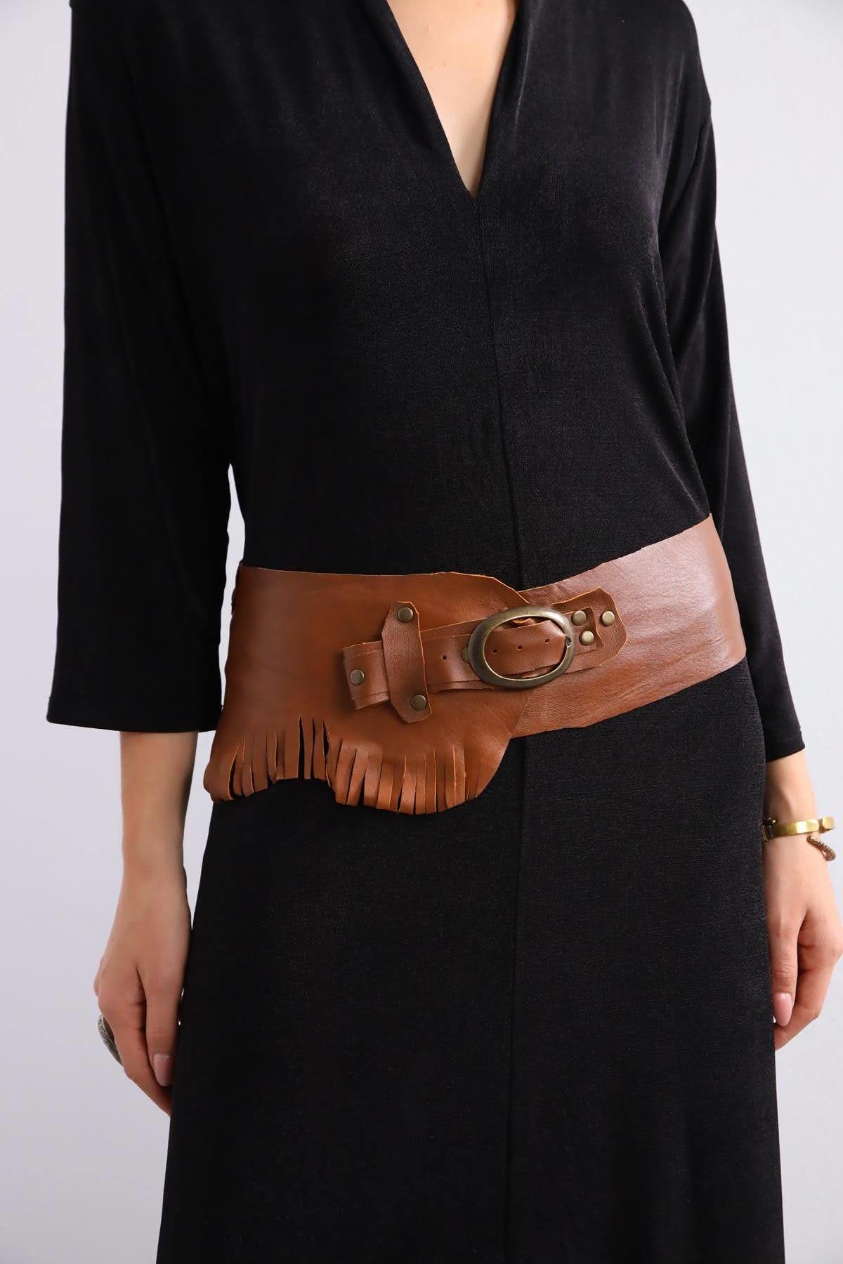 Kahverengi Zımbalı Parçalı Deri Kemer - Şaman Butik Kahverengi Zımbalı Parçalı Deri Kemer