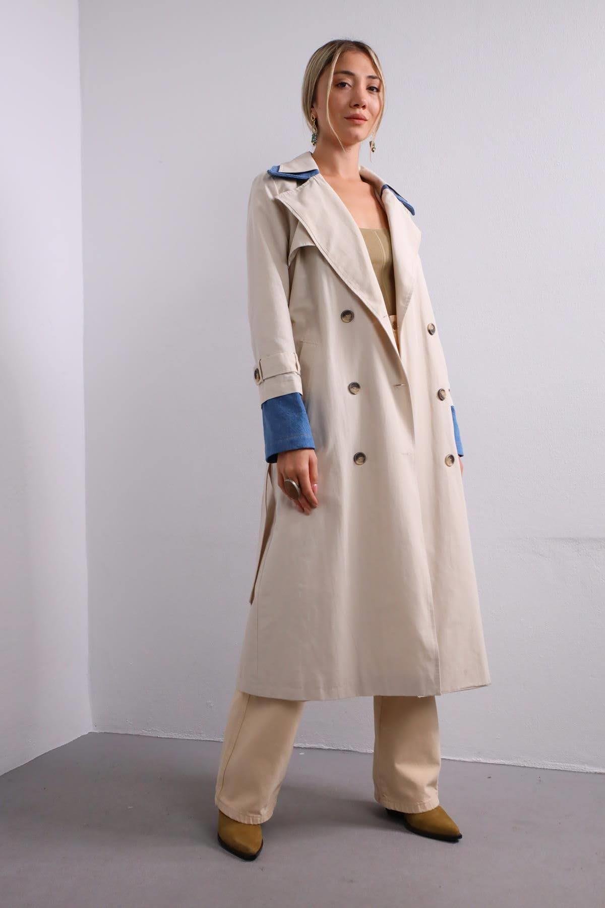  Taş Rengi Denim Parça Detaylı Trençkot