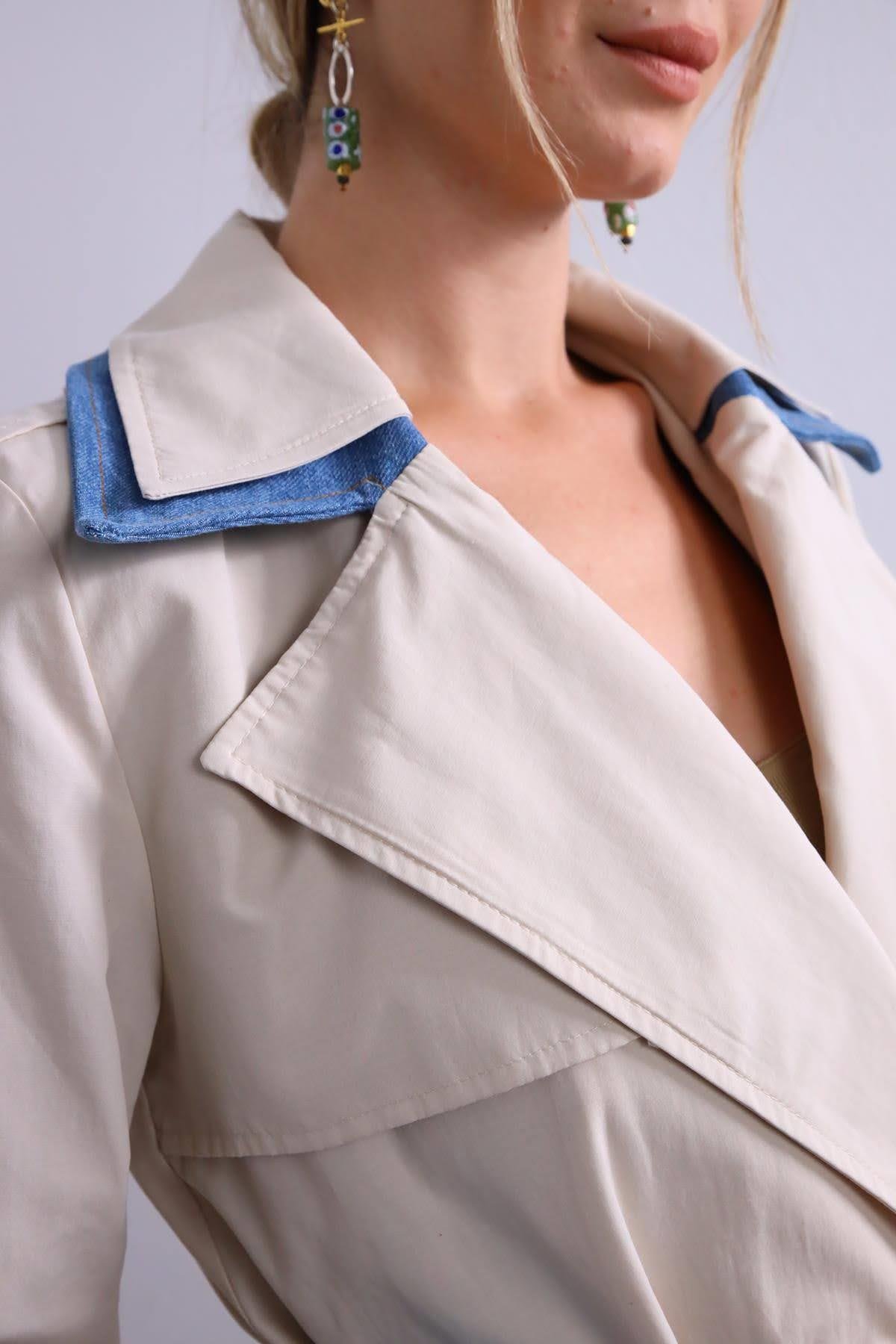  Taş Rengi Denim Parça Detaylı Trençkot