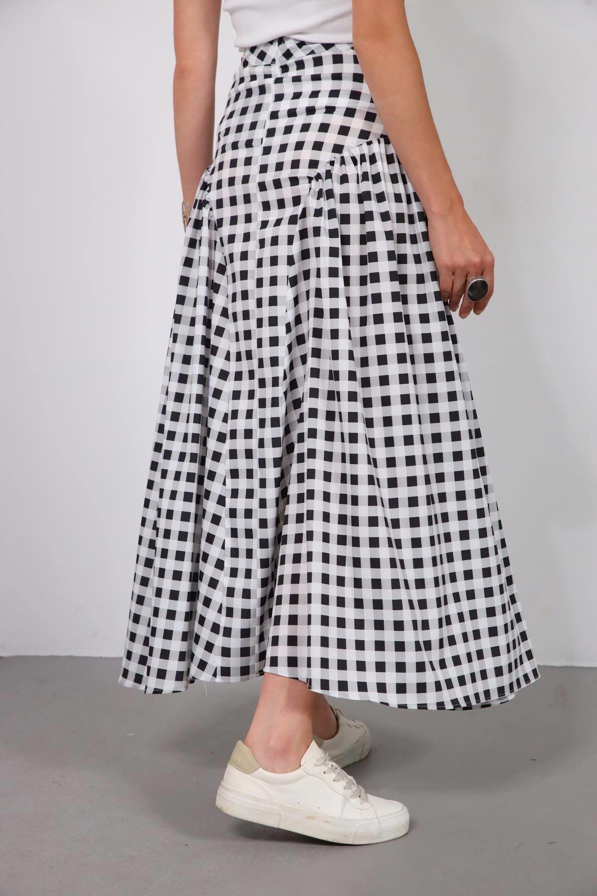  Siyah Büzgülü Ekose Etek