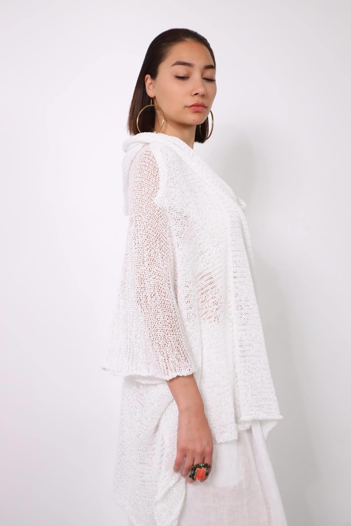White Mercerized Hoodie Cardigan - Saman Butik | Shop Online White Mercerized Hoodie Cardigan
