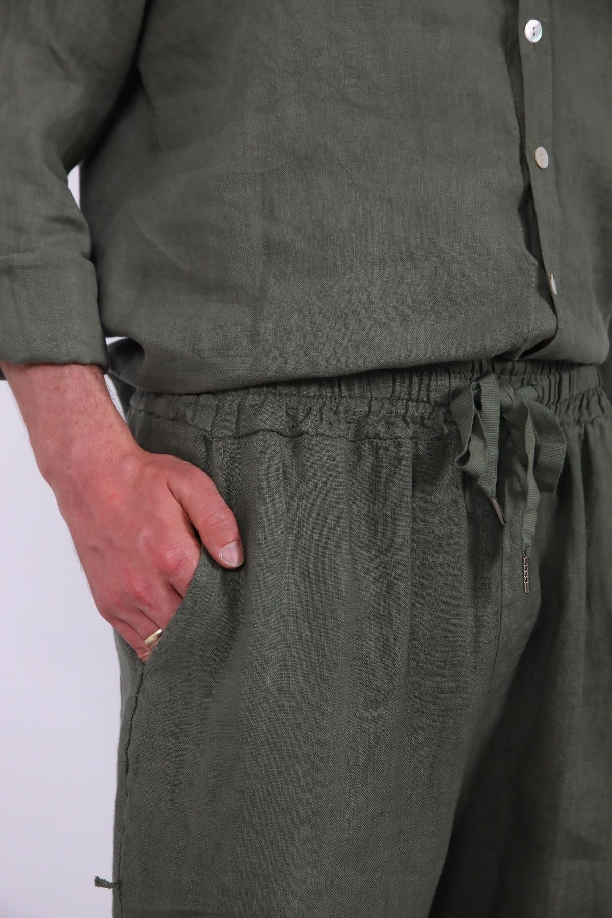 Haki Keten Erkek Pantolon ve Gömlek Takım - Şaman Butik Haki Keten Erkek Pantolon ve Gömlek Takım