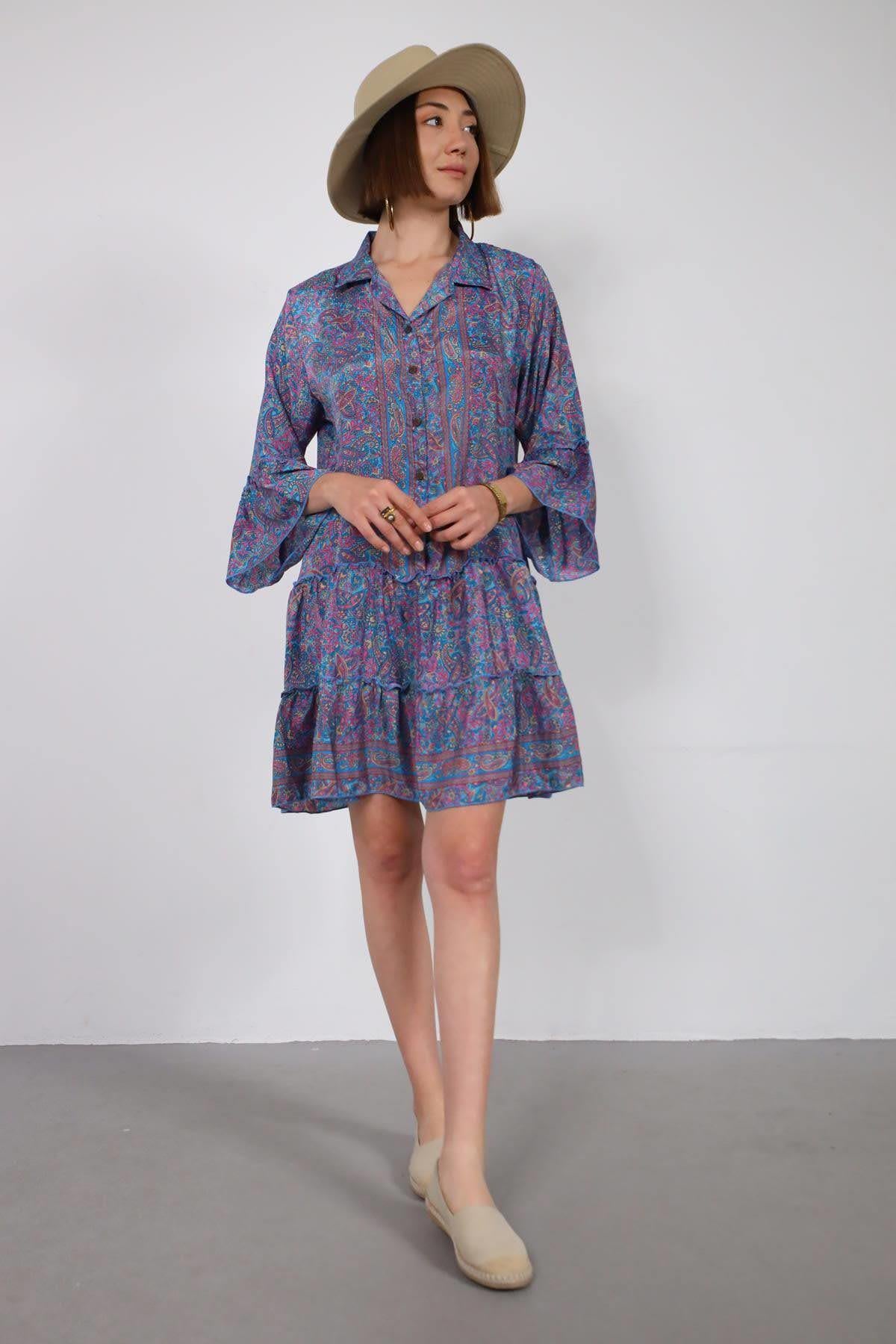 Mavi Gömlek Yaka Kolları Volanlı Düğmeli Otantik Elbise - Şaman Butik Mavi Gömlek Yaka Kolları Volanlı Düğmeli Otantik Elbise