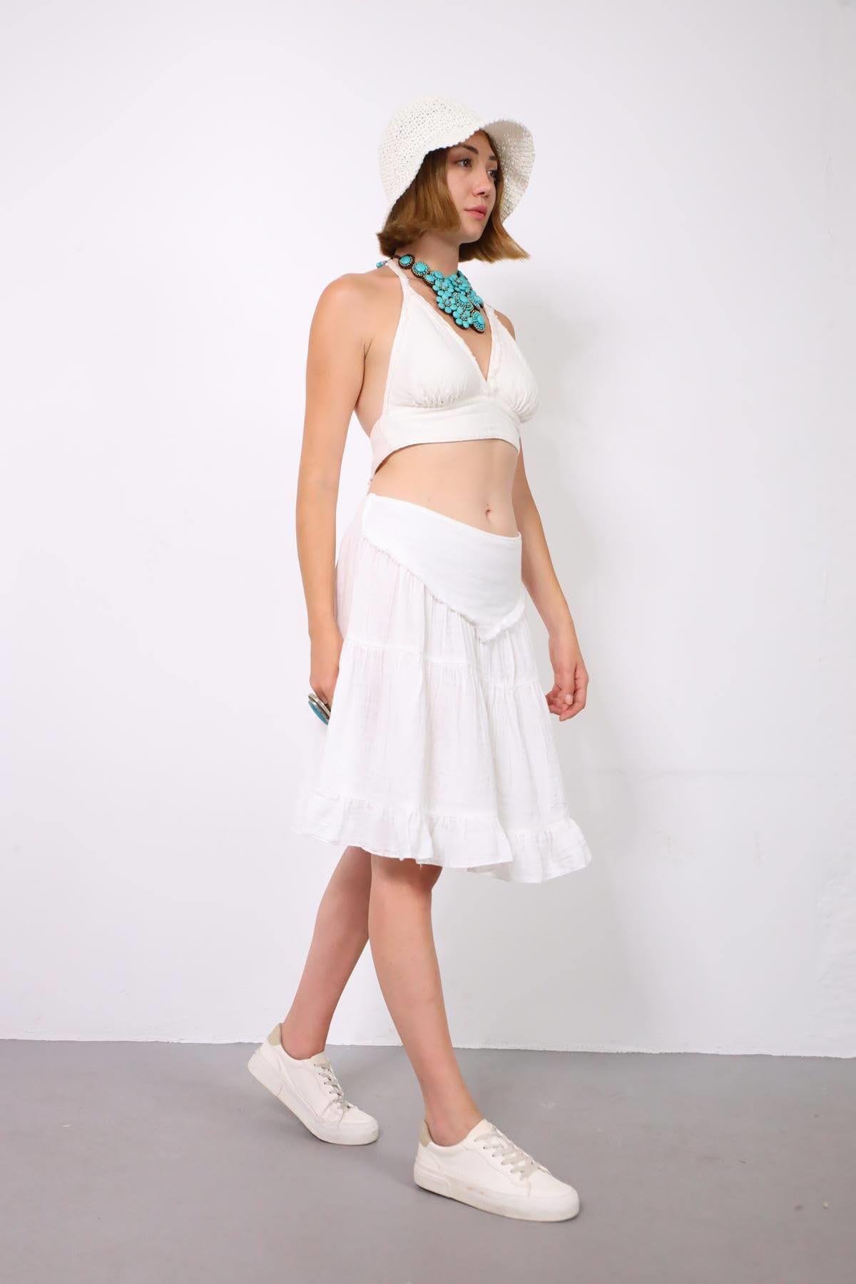  Beyaz Asimetrik Püsküllü Müslin Etek