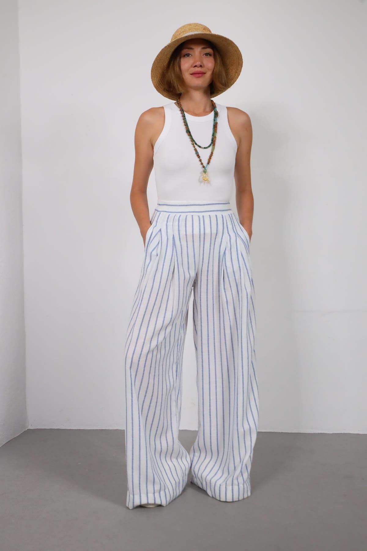 Beyaz Çizgili Beli Lastikli Pileli Salaş Pantolon - Şaman Butik Beyaz Çizgili Beli Lastikli Pileli Salaş Pantolon