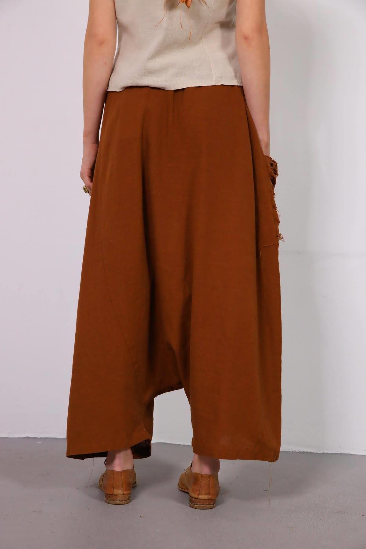  Acı Kahve Cebi Yırtık Detaylı Keten Şalvar