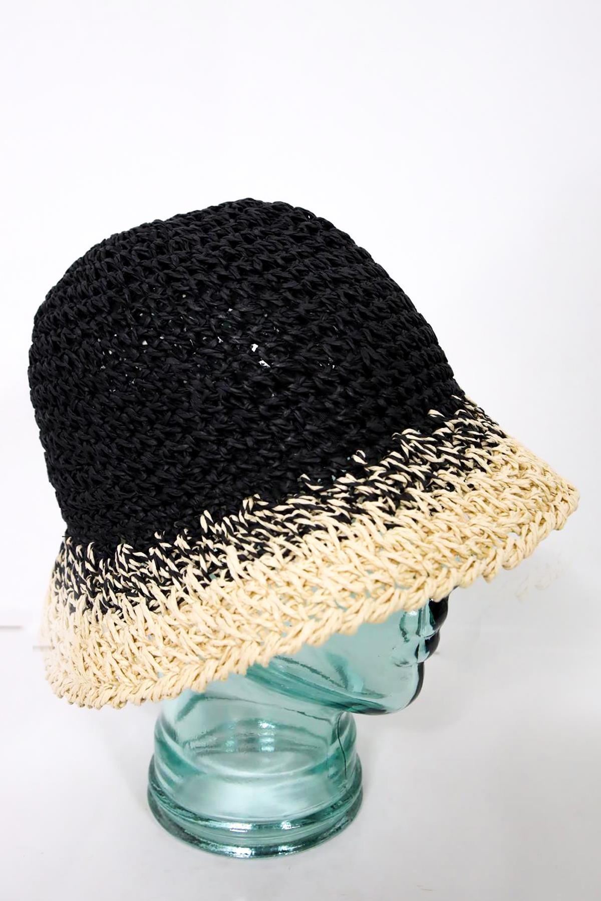  Siyah Ekru Geçişli El Örgüsü Hasır Şapka