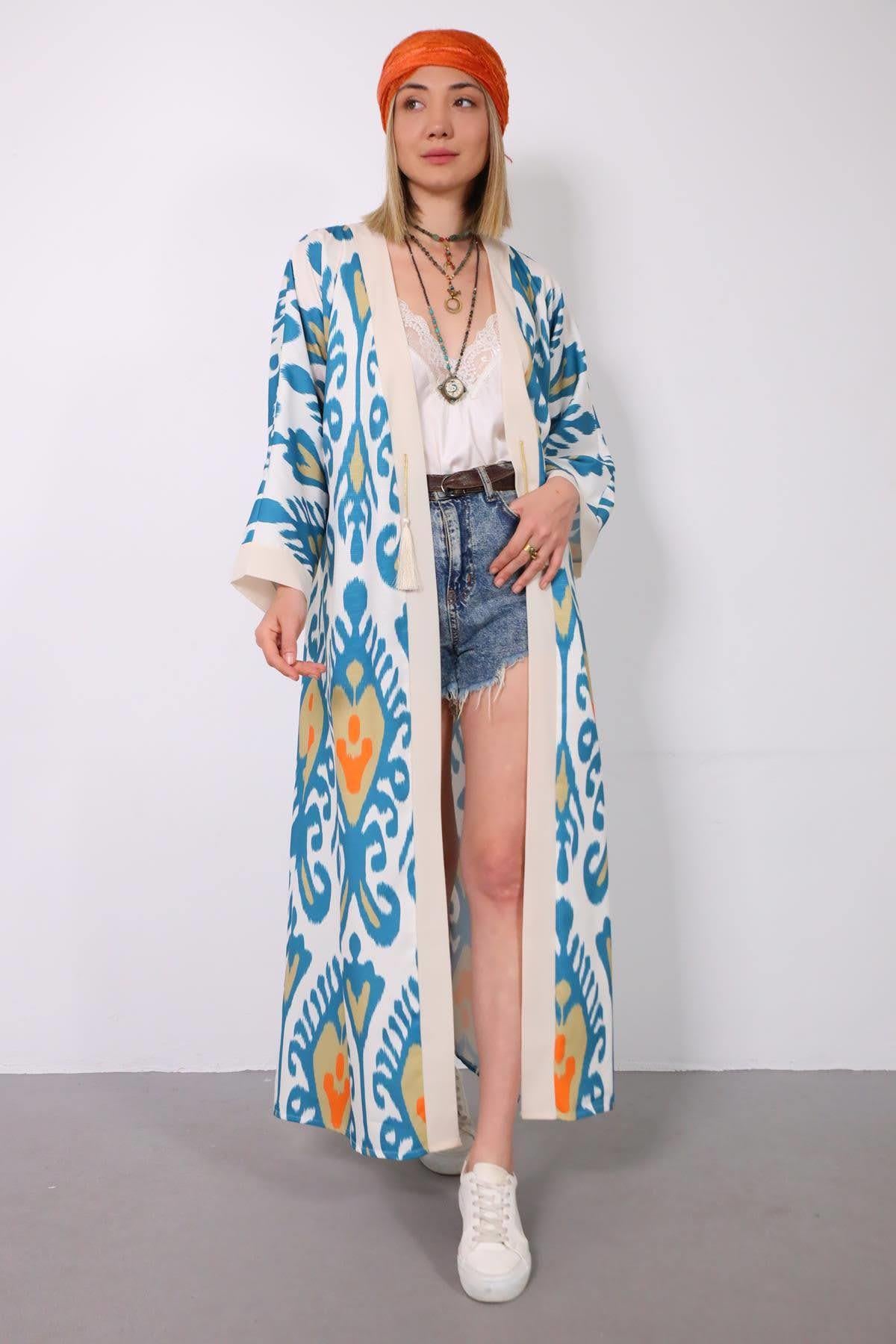 Ekru Desenli Yanları Yırtmaçlı Kimono - Şaman Butik Ekru Desenli Yanları Yırtmaçlı Kimono