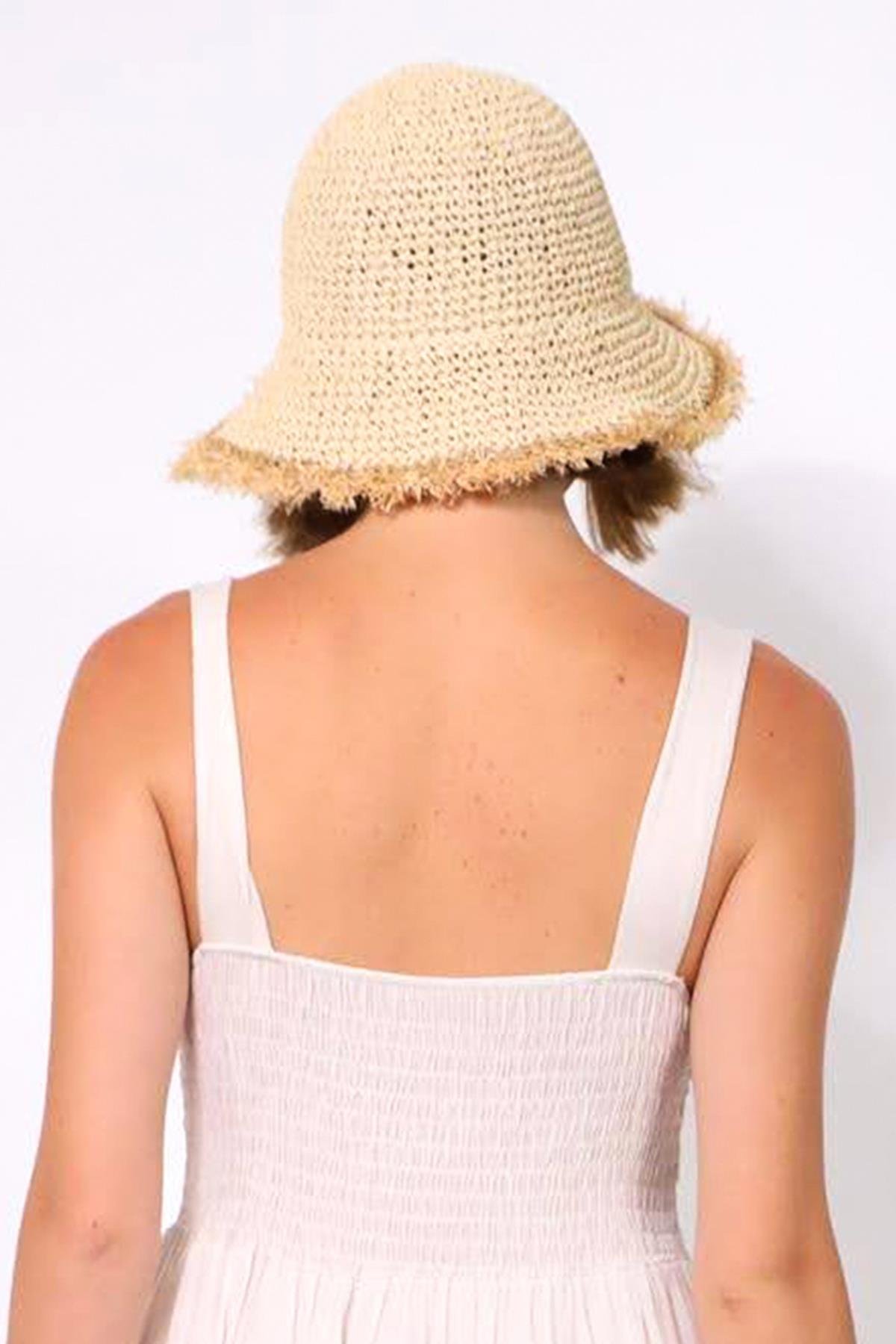  Bej Saçaklı El Örgüsü Hasır Şapka