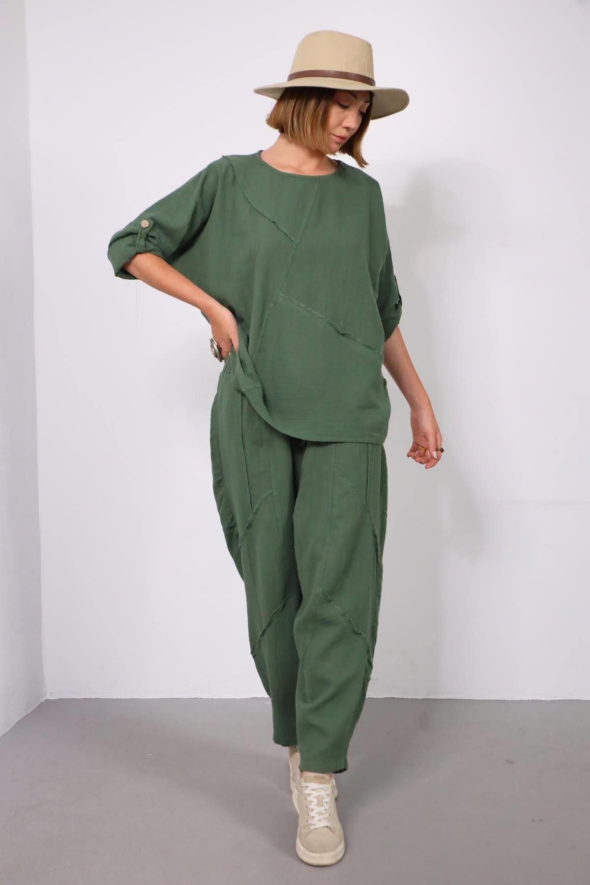  Haki Müslin Parçalı Dikişli Pantolon ve Bluz Takım