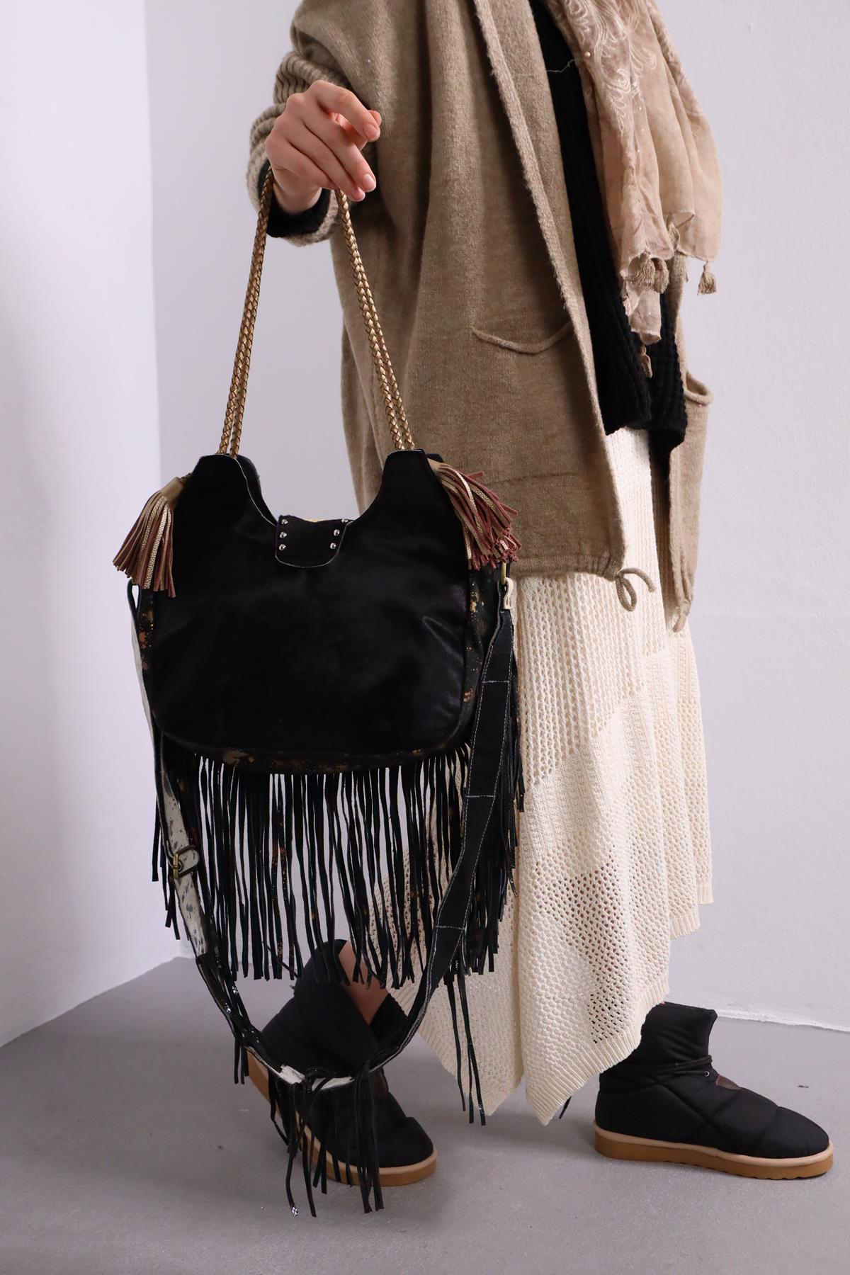  Siyah Mozaik Taş Detaylı Tay Tüyü Tasarım Çanta