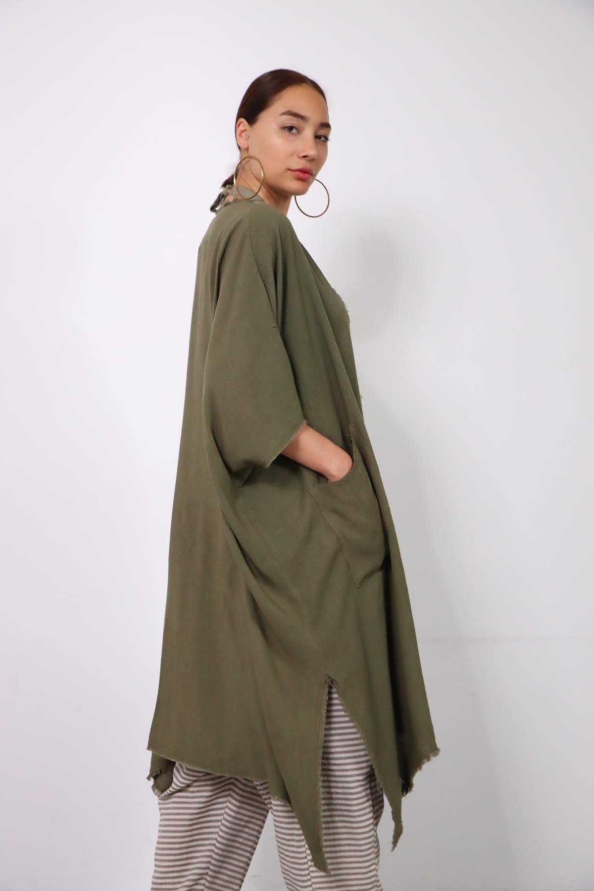 Khaki Fringed Short Sleeve Caftan - Saman Butik | Shop Online Khaki Fringed Short Sleeve Caftan