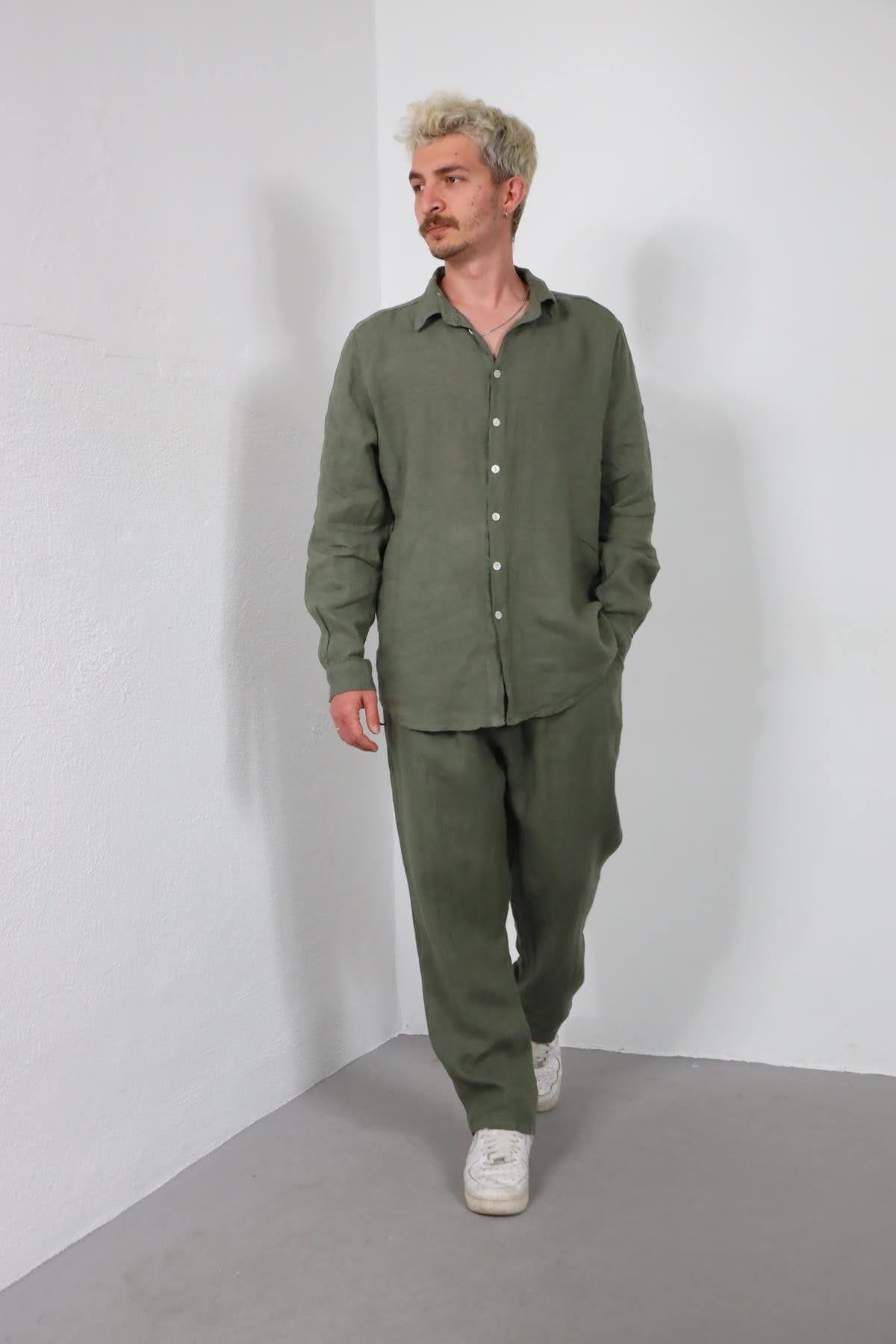 Haki Keten Erkek Pantolon ve Gömlek Takım - Şaman Butik Haki Keten Erkek Pantolon ve Gömlek Takım