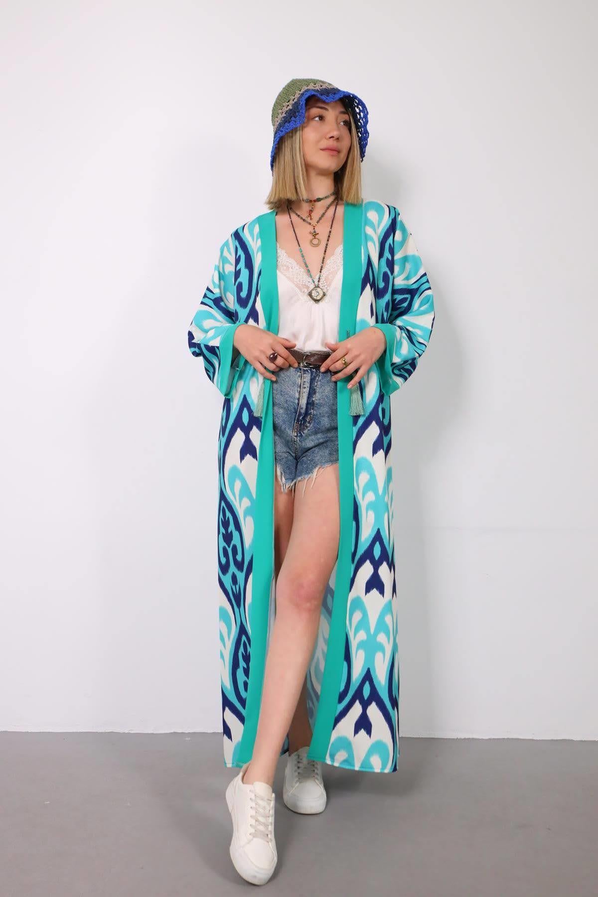 Mint Yeşili Desenli Yanları Yırtmaçlı Kimono - Şaman Butik Mint Yeşili Desenli Yanları Yırtmaçlı Kimono