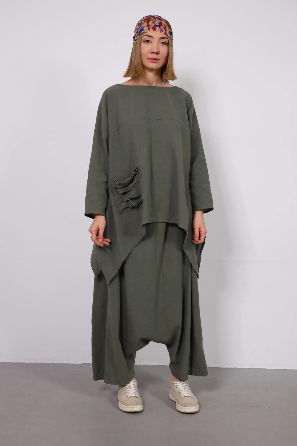  Haki Cebi Yırtık Detaylı Keten Şalvar