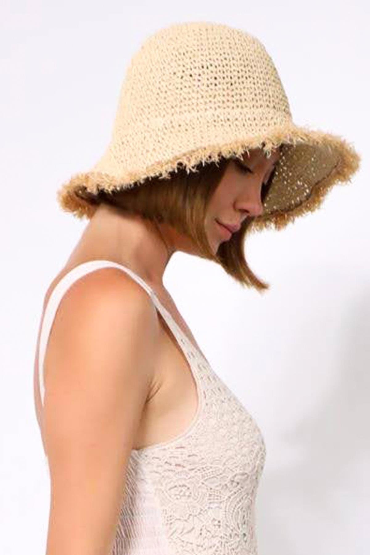  Bej Saçaklı El Örgüsü Hasır Şapka