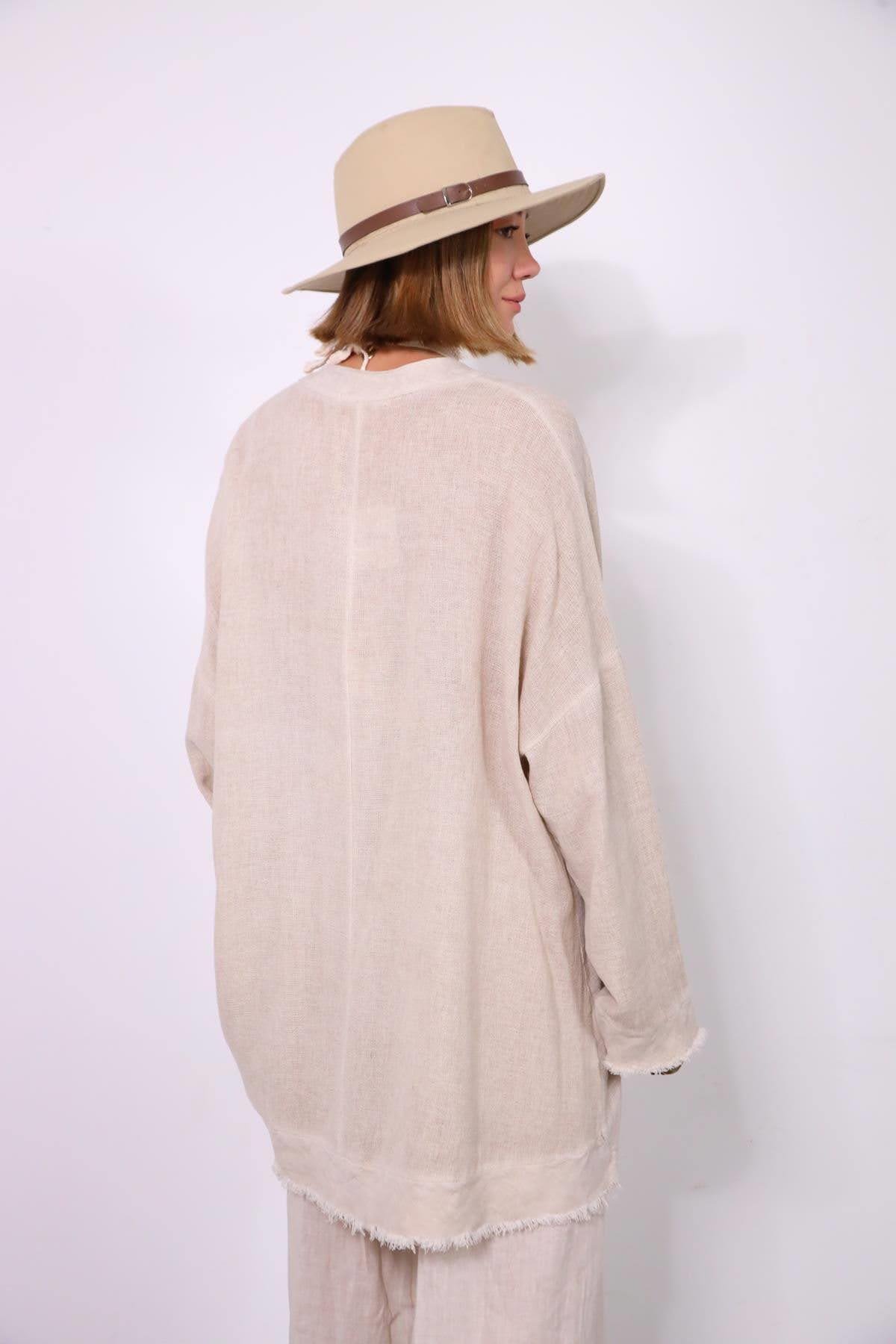  Krem Rengi Püsküllü Keten Detaylı Hakim Yaka Tunik