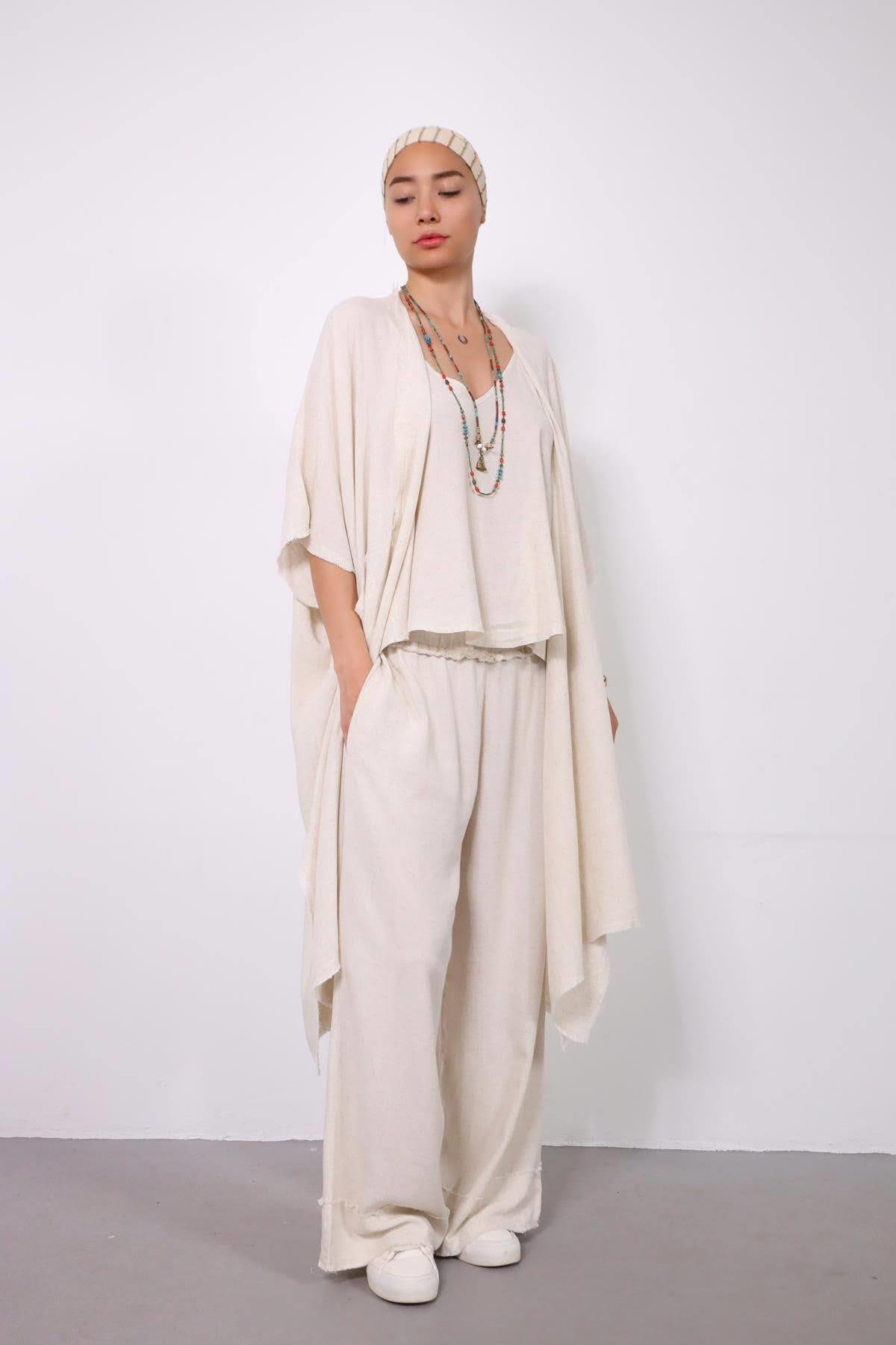 Cream Fringed Short Sleeve Caftan - Saman Butik | Shop Online Cream Fringed Short Sleeve Caftan