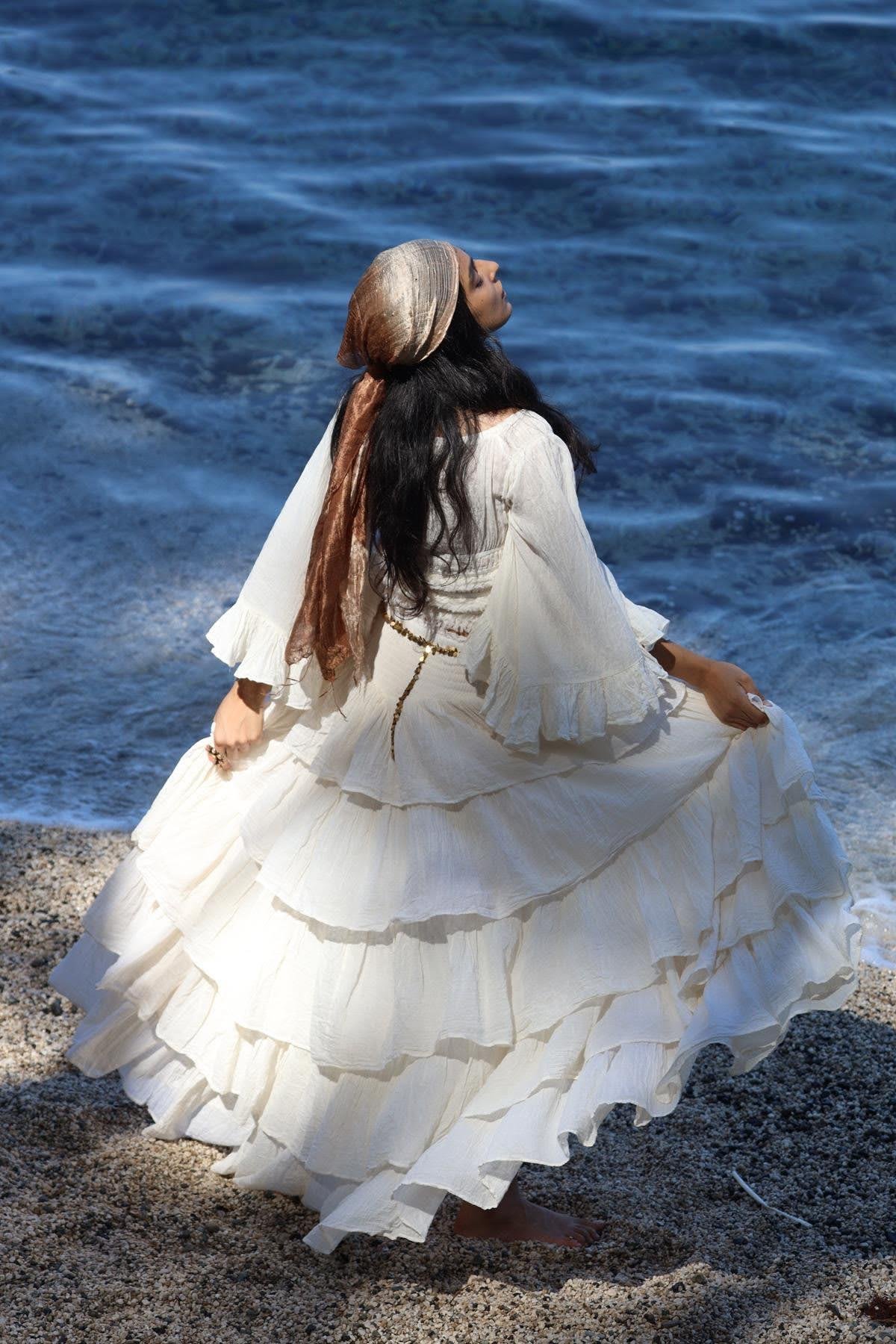  Ekru Önü Yırtmaçlı Kat Kat Bohem Elbise Etek