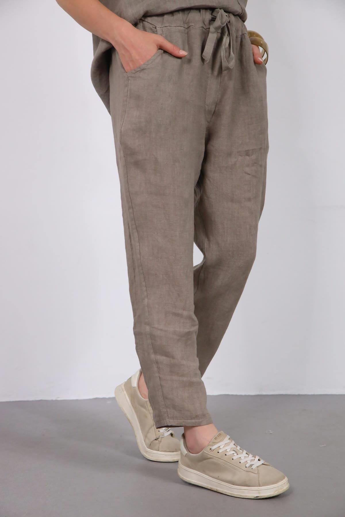  Vizon Rengi Dikişli Sıfır Kol Bluz ve Pantolon Keten Takım