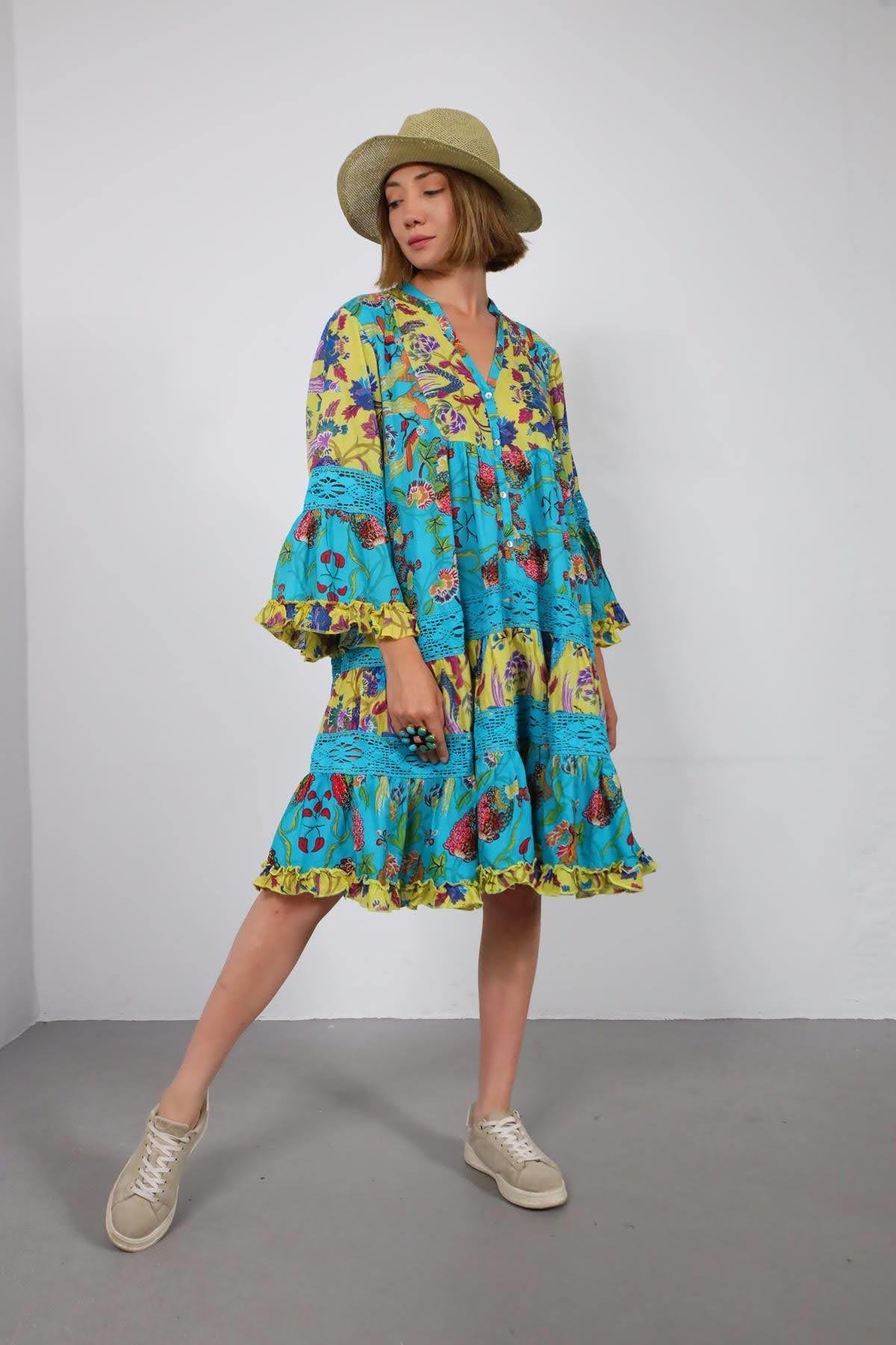 Turkuaz Kolları Volanlı Güpür Detaylı Otantik Elbise - Şaman Butik Turkuaz Kolları Volanlı Güpür Detaylı Otantik Elbise