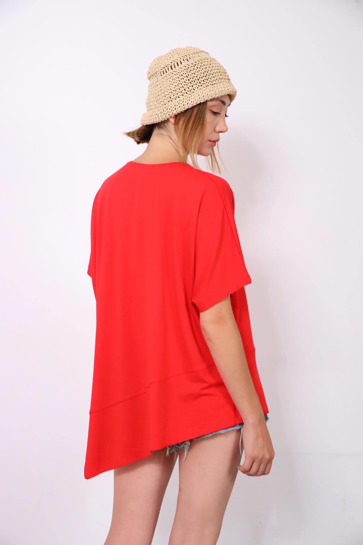 Kırmızı Altı Parçalı Kısa Kollu Bluz - Şaman Butik - Bohem Giyim ve Aksesuar | Kadın & Erkek Kırmızı Altı Parçalı Kısa Kollu Bluz