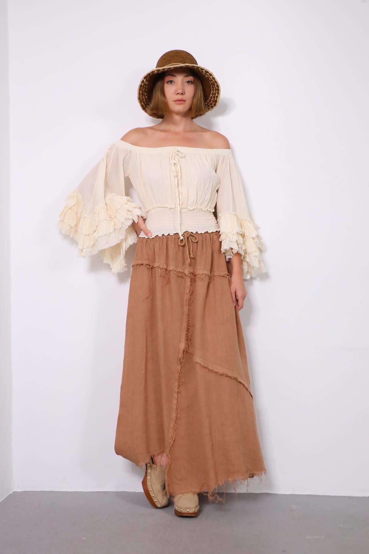 Tarçın Rengi Asimetrik Püsküllü Dikiş Detaylı Keten Etek - Şaman Butik Tarçın Rengi Asimetrik Püsküllü Dikiş Detaylı Keten Etek