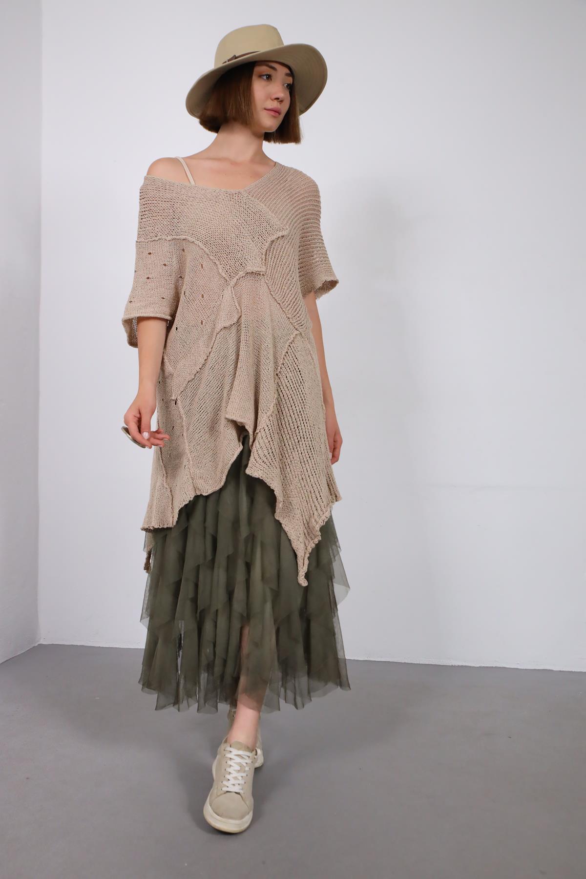  Haki Yağ Yıkama Volanlı Tül Etek