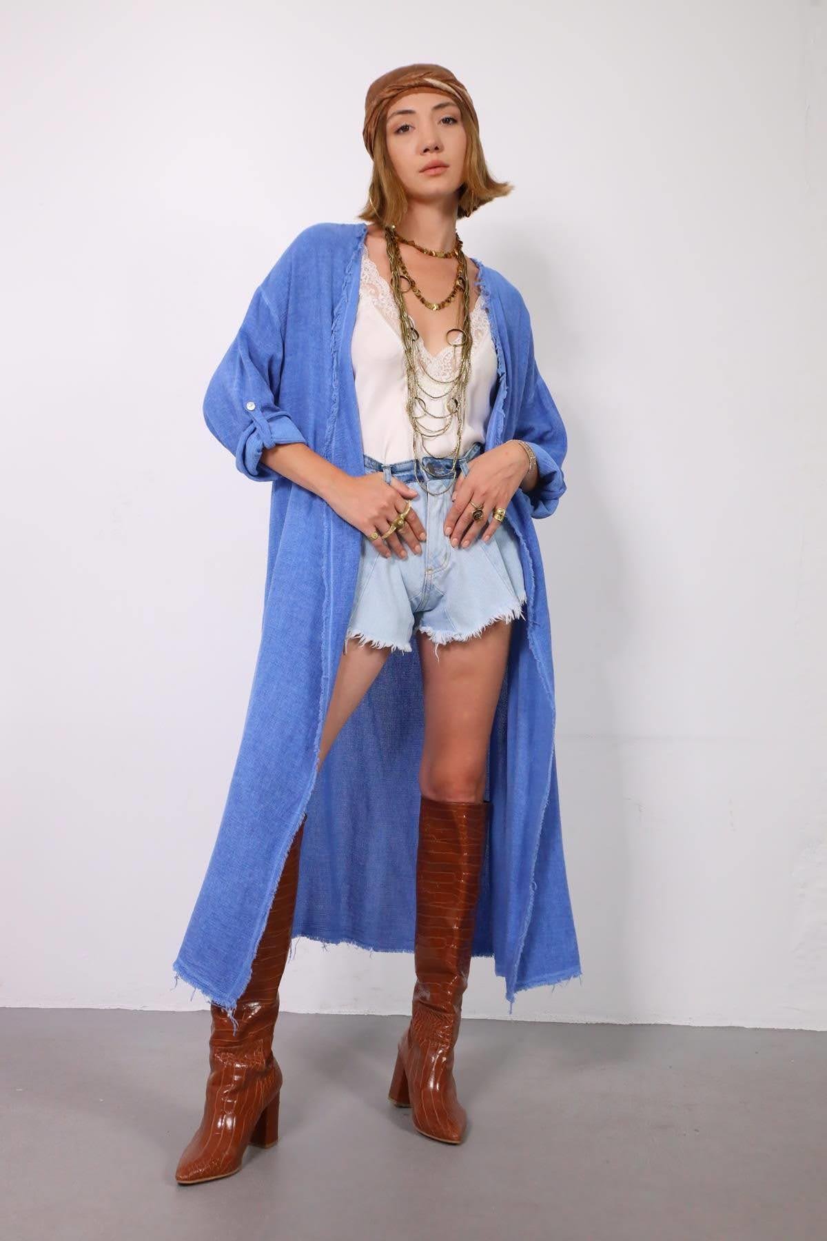  Mavi Saçak Detay Düz Kesim Kaftan