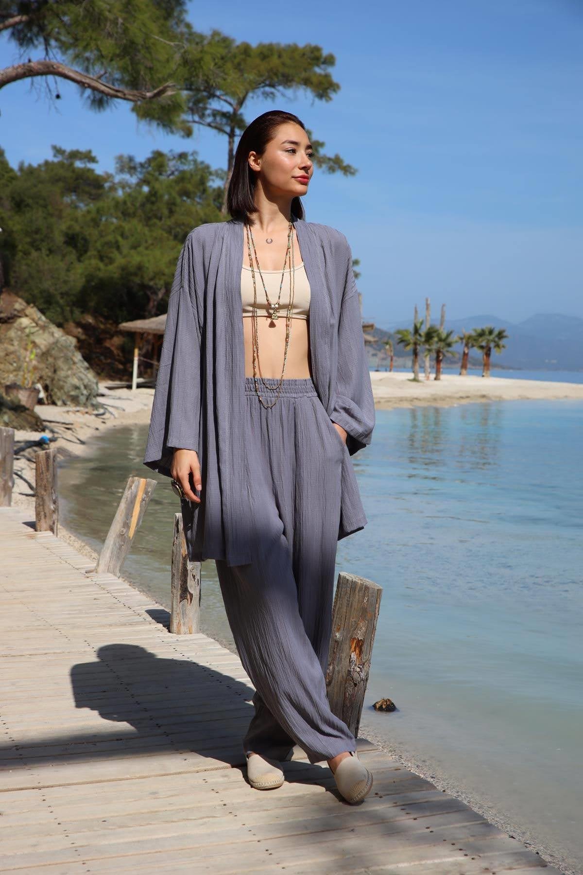 Smoken Seersucker Kimono Trousers Set Smoken Seersucker Kimono Trousers Set