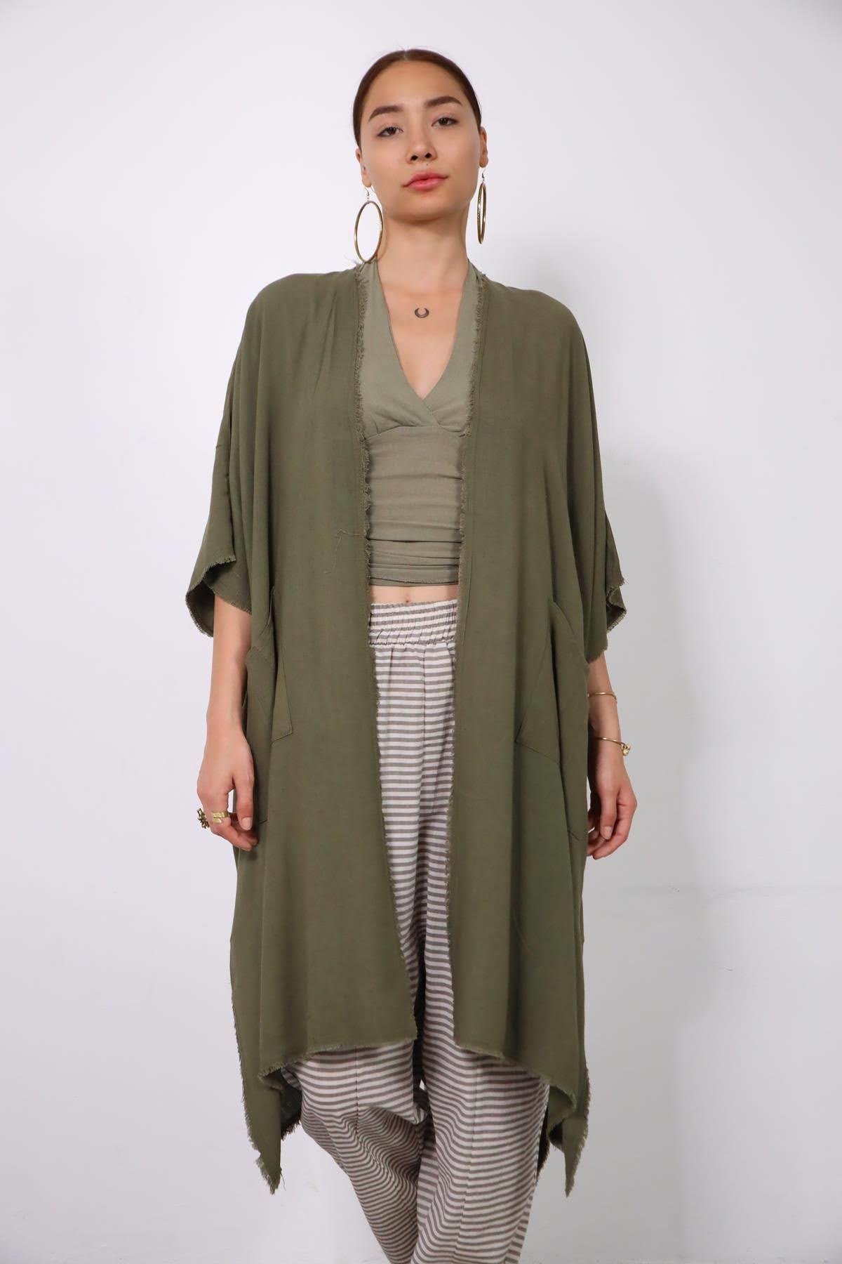 Khaki Fringed Short Sleeve Caftan - Saman Butik | Shop Online Khaki Fringed Short Sleeve Caftan