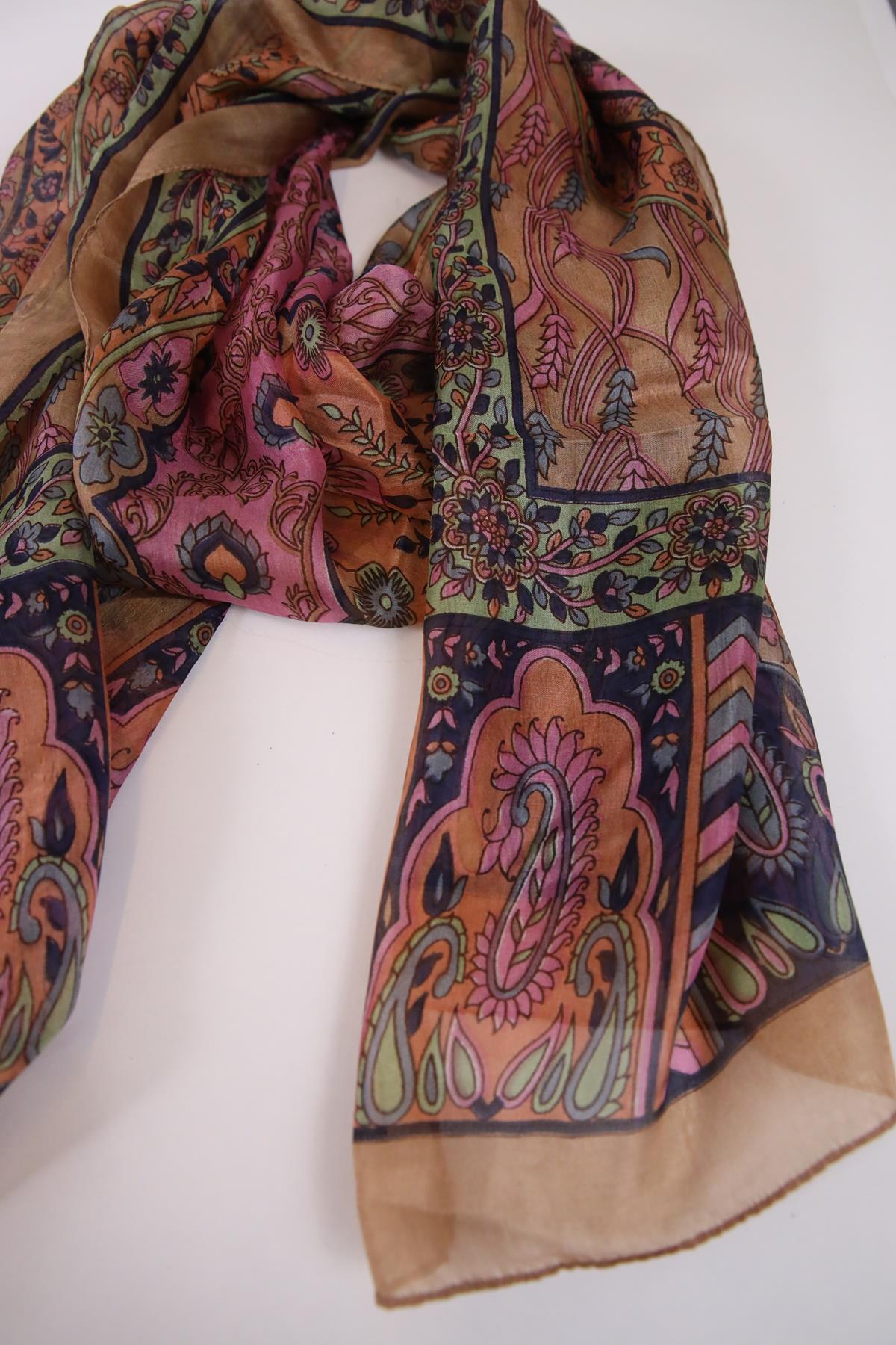 Sütlü Kahve Desenli İpek Şal - Şaman Butik Sütlü Kahve Desenli İpek Şal