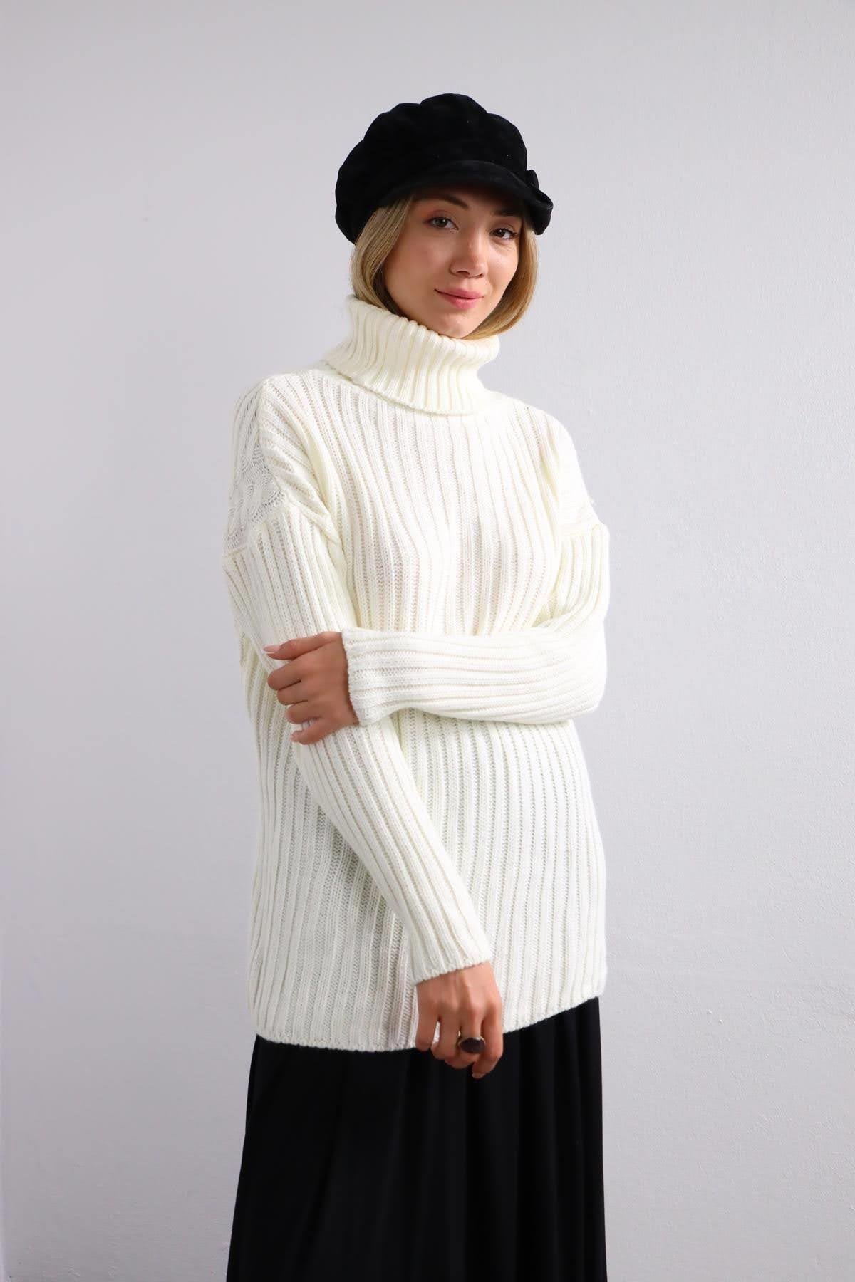 Ekru Saç Örgü Boğazlı Kazak - Şaman Butik Ekru Saç Örgü Boğazlı Kazak