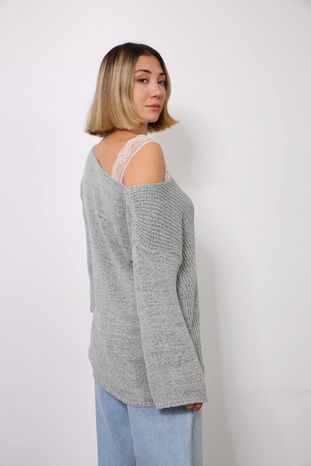 Gri V Yaka Uzun Kollu Merserize - Şaman Butik Gri V Yaka Uzun Kollu Merserize