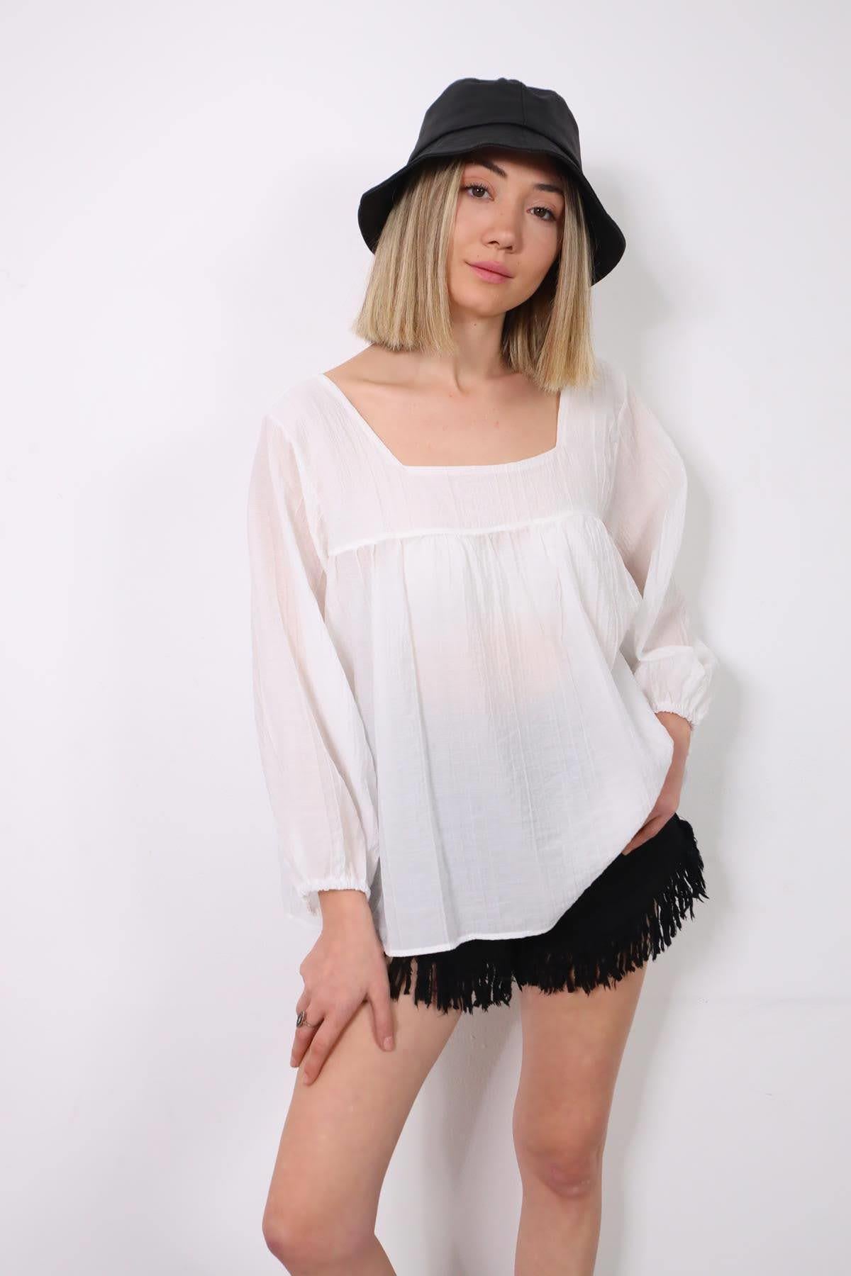 Beyaz Kare Yaka Sırtı Bağlamalı Bluz - Şaman Butik Beyaz Kare Yaka Sırtı Bağlamalı Bluz