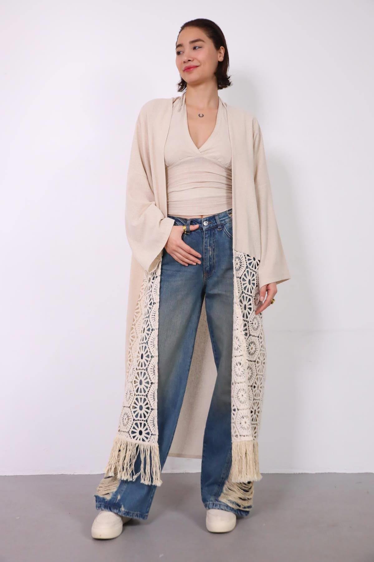  Krem Rengi Altı Püsküllü Dantelli Kimono