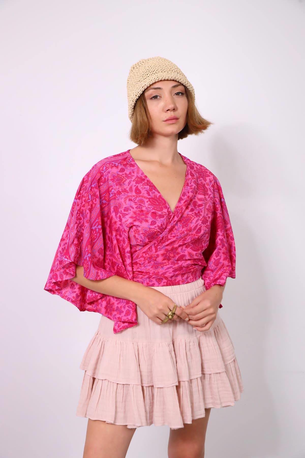 Fuşya Kısa Kollu İpek Bolero - Şaman Butik Fuşya Kısa Kollu İpek Bolero