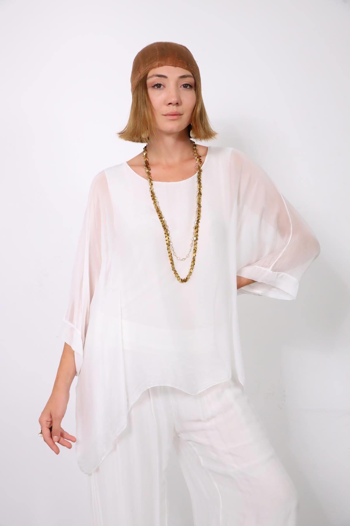 Beyaz Yarasa Kol İpek Bluz - Şaman Butik - Bohem Giyim ve Aksesuar | Kadın & Erkek Beyaz Yarasa Kol İpek Bluz