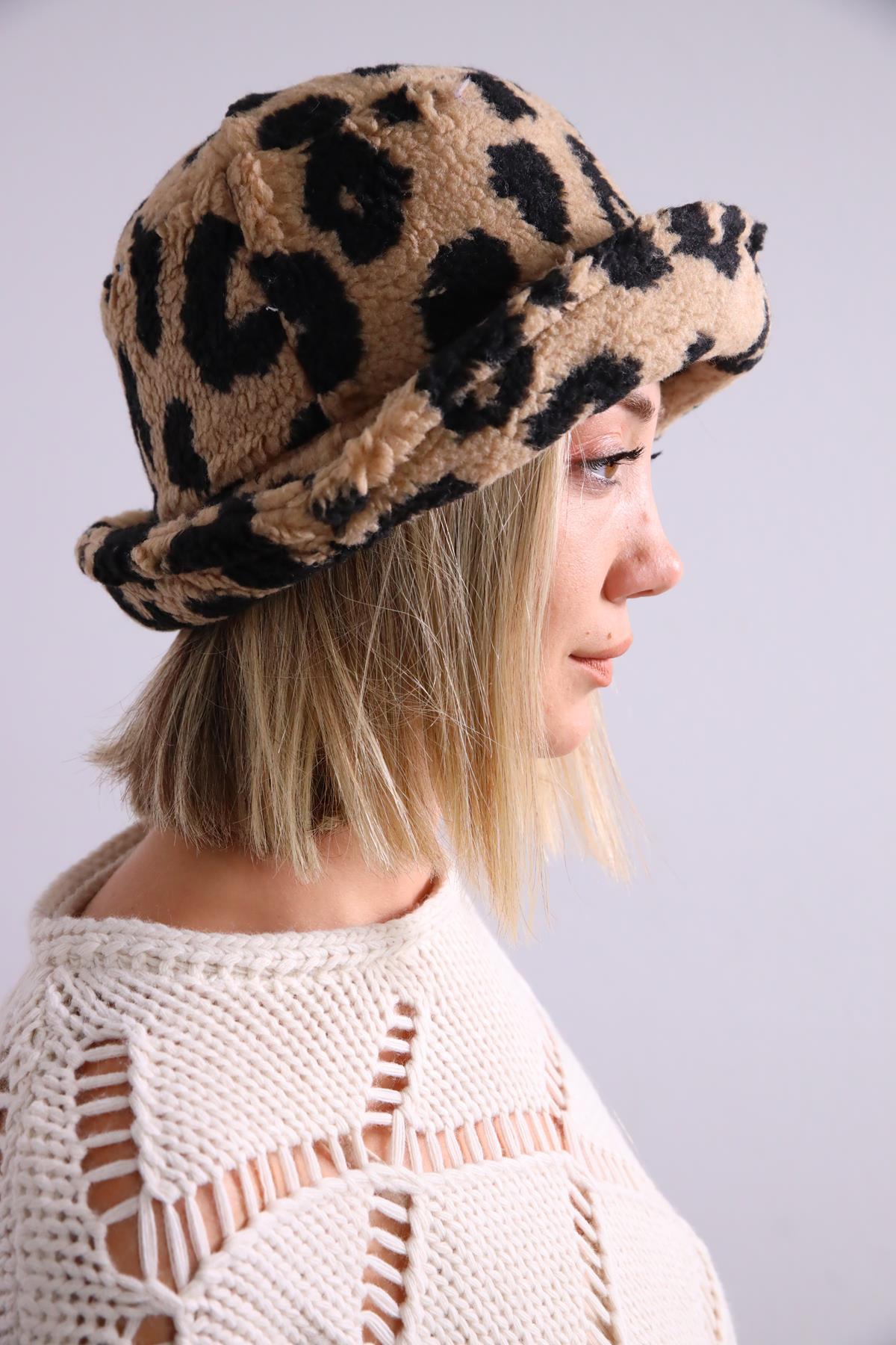  Camel Rengi Leopar Desen Bucket Şapka
