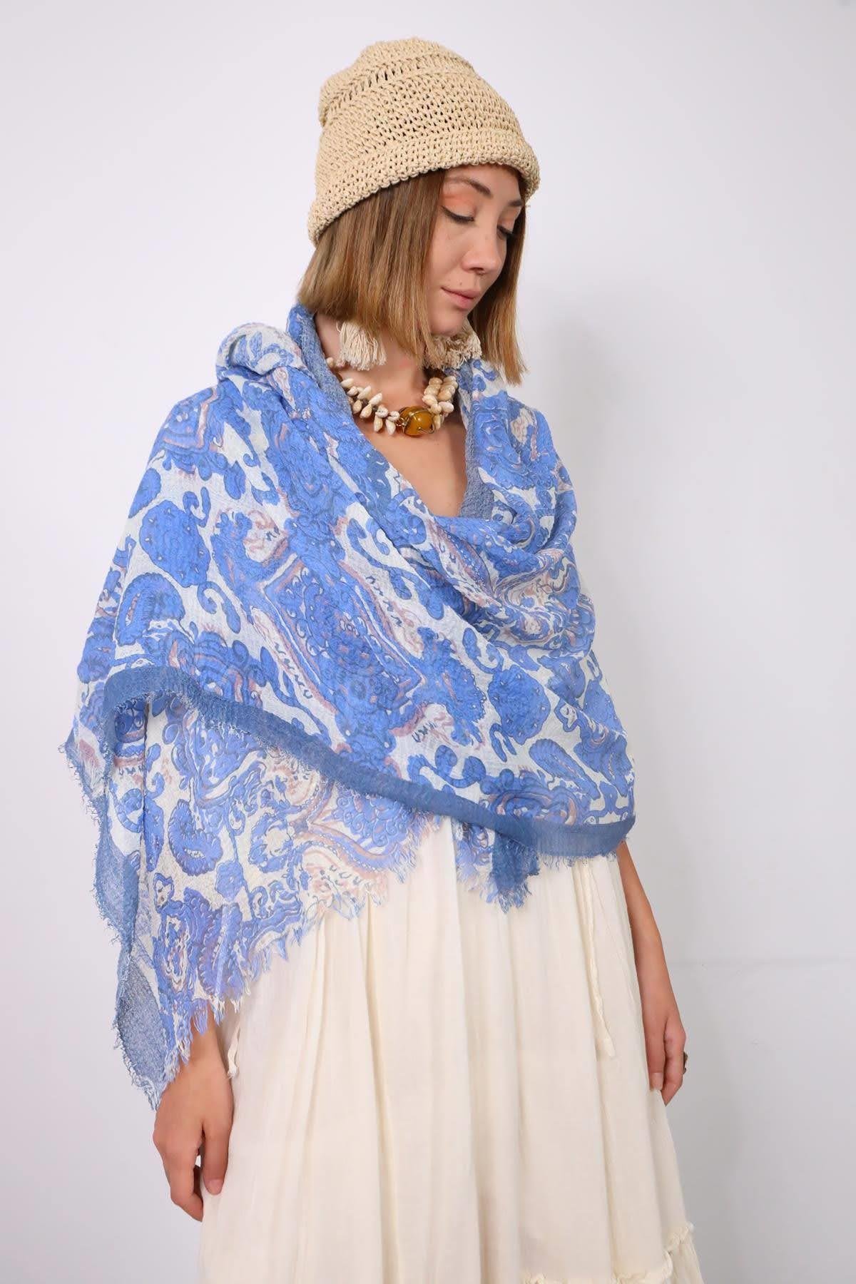  İndigo Mavi Desenli Saçaklı Şal